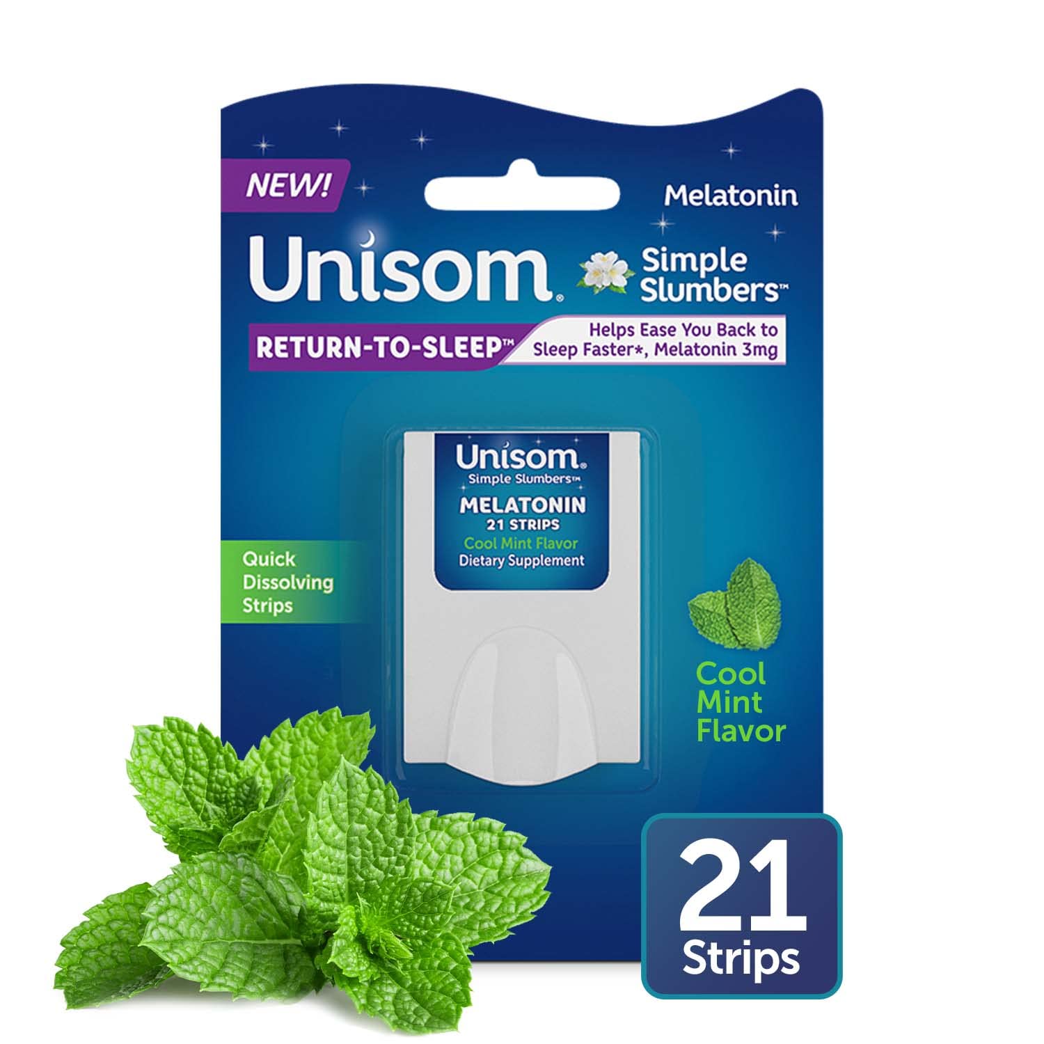 Paquete de 21 tiras Unisom Simple Slumbers en menta fría para dormir mejor.