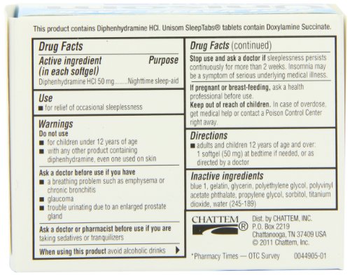 Unisom SleepGels: etiqueta con dosis de 50 mg para dormir.