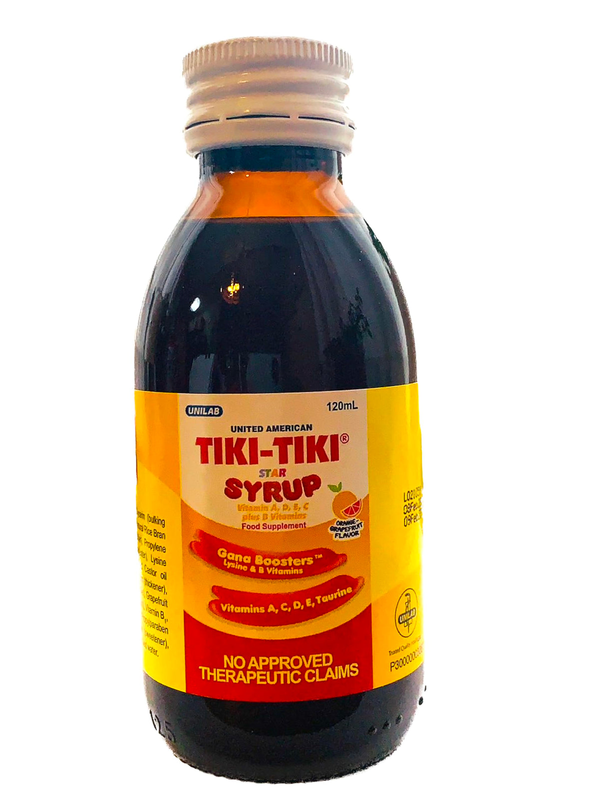 Jarabe Tiki-Tiki Star Plus de United American, frente de la botella, posible apoyo nutricional para niños