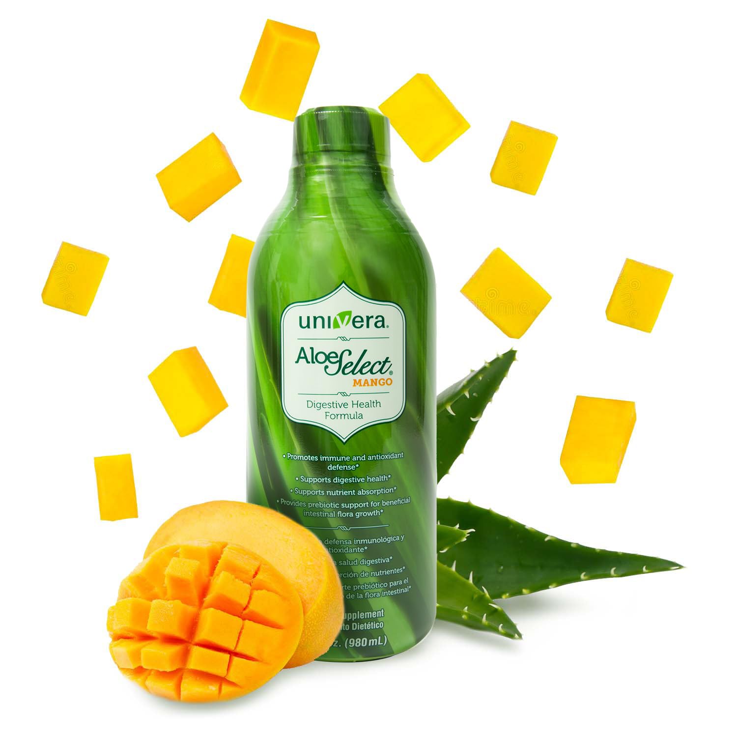 Botella Univera Aloe Select Mango para apoyo digestivo con sabor mango.