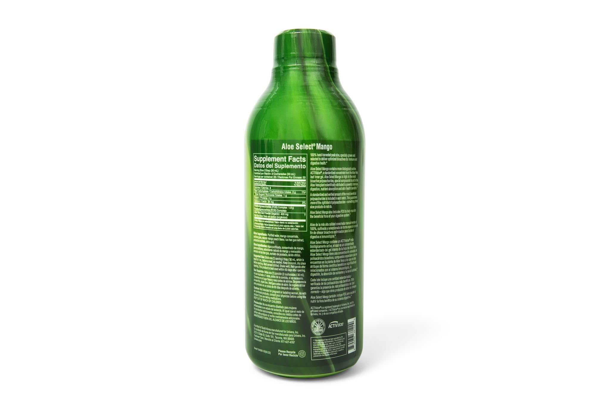 Ingredientes naturales de Univera Aloe Select Mango para un sabor agradable.