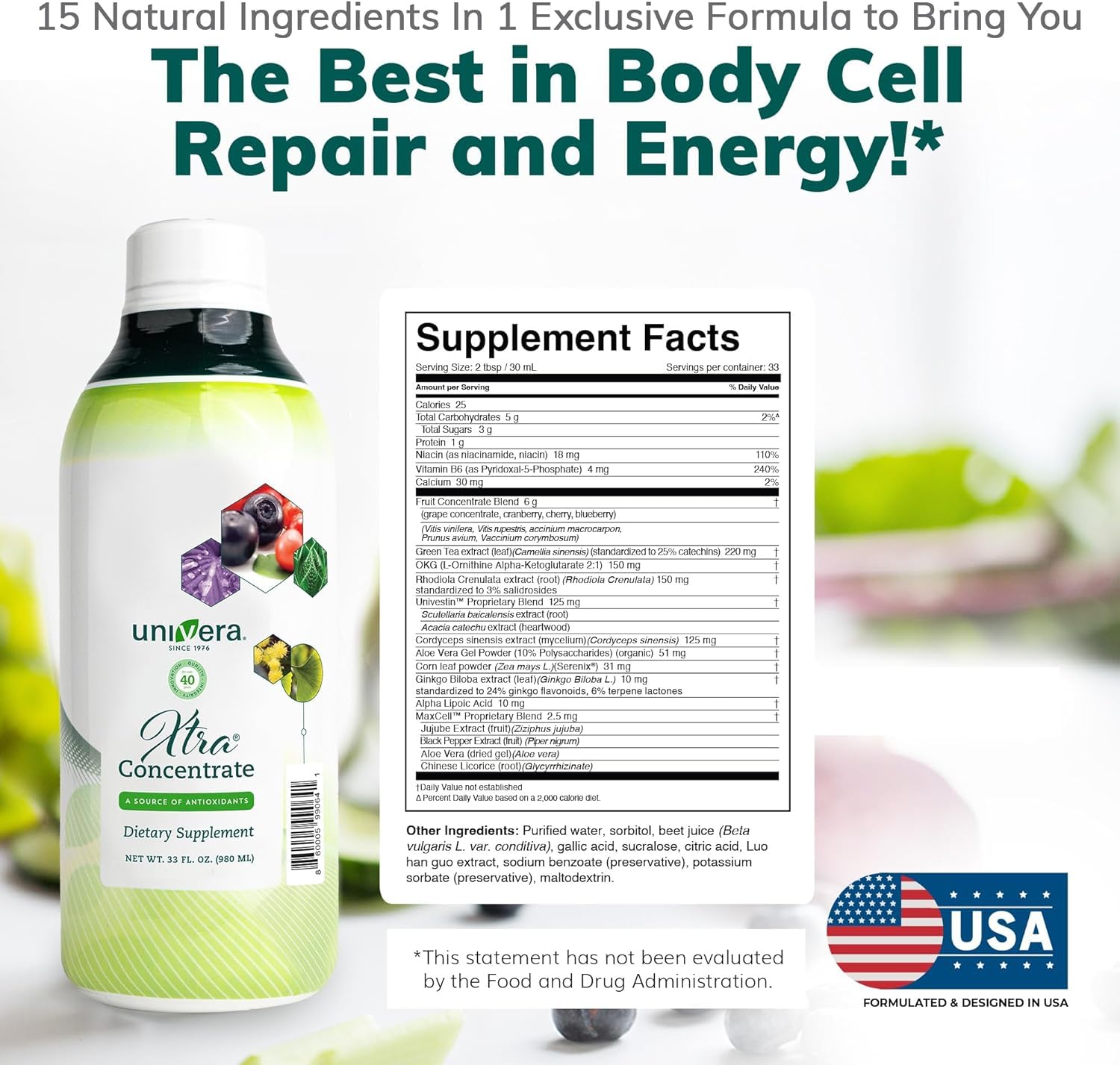 Univera Xtra Concentrate: etiqueta cercana para identificar vitaminas y beneficios.