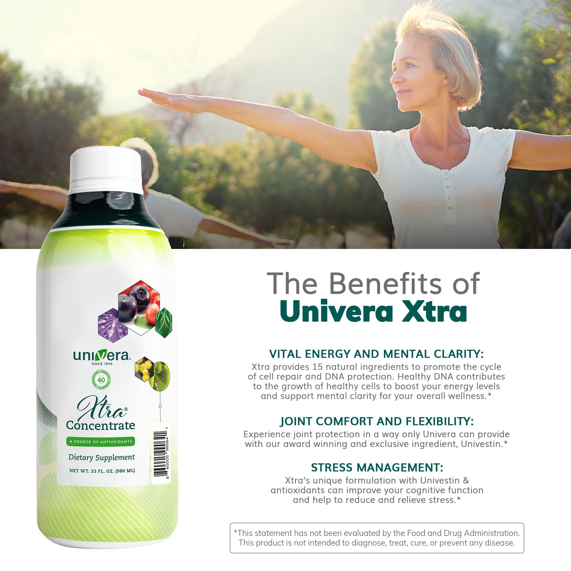 Univera Xtra Concentrate: líquido en vaso para uso diario y conveniencia.