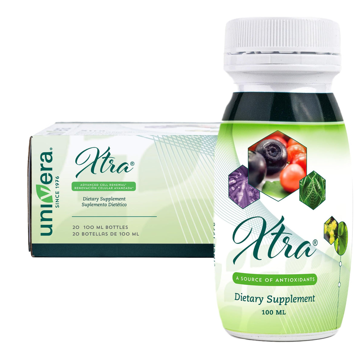 Univera Xtra Minis, botella 100 ml, listo para tomar y apoyar enfoque diario.
