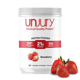 Unjury proteína de suero fresa, envase visible, ideal para iniciar batidos de desayuno.