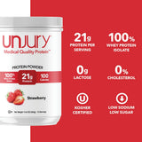Unjury proteína de suero fresa, etiqueta sin gluten y sin lactosa para estómagos sensibles.