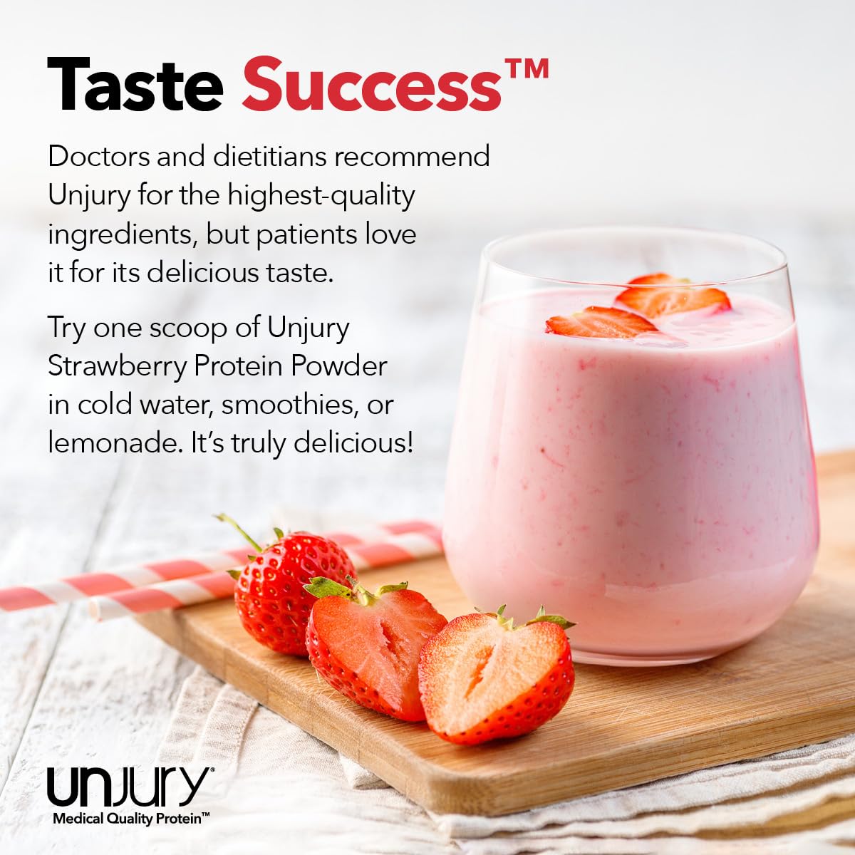 Unjury proteína de suero fresa, textura cremosa que potencia tus recetas de batido.