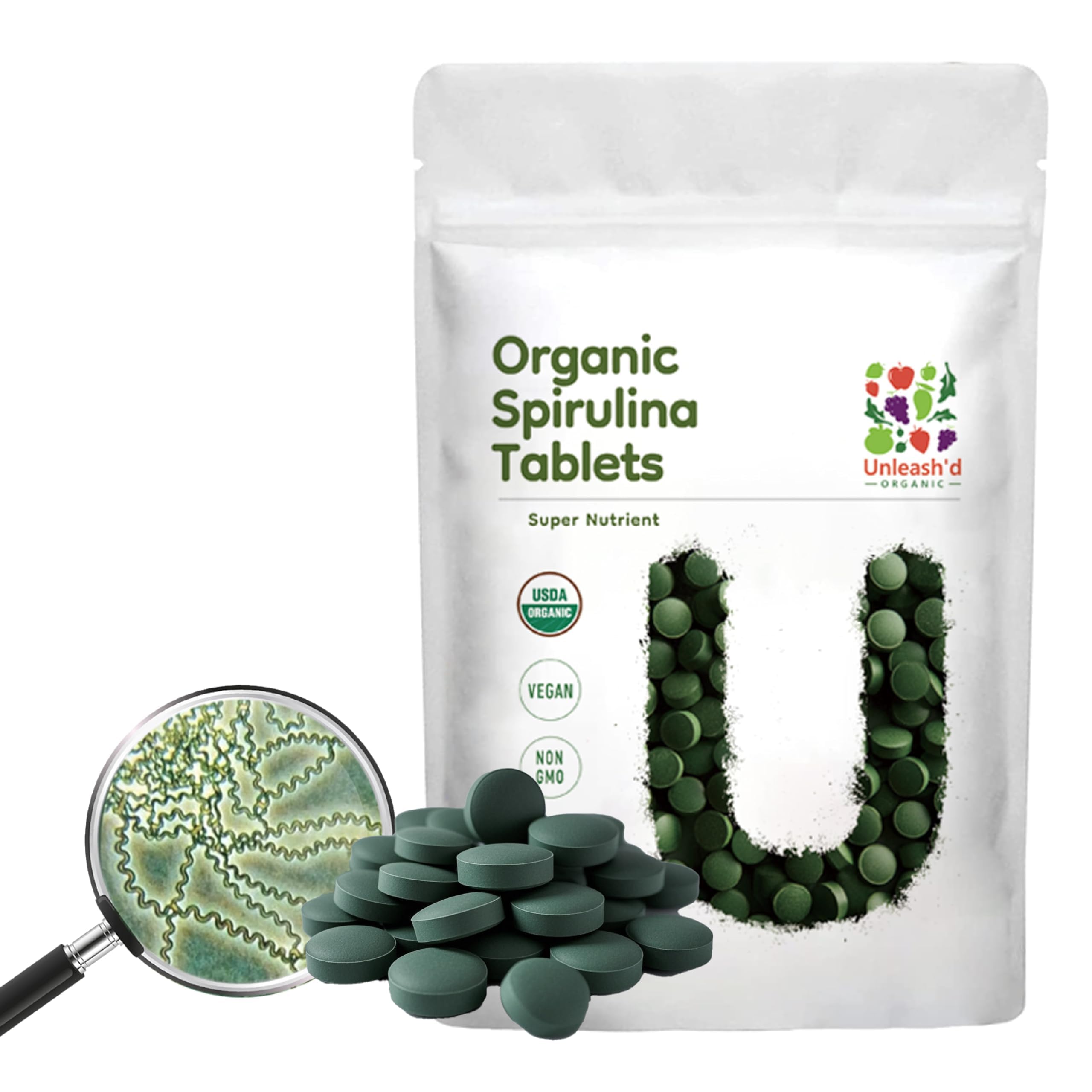 UNLEASH'D ORGANIC Espirulina Tabletas en botella, fuente de proteína vegetal para energía diaria