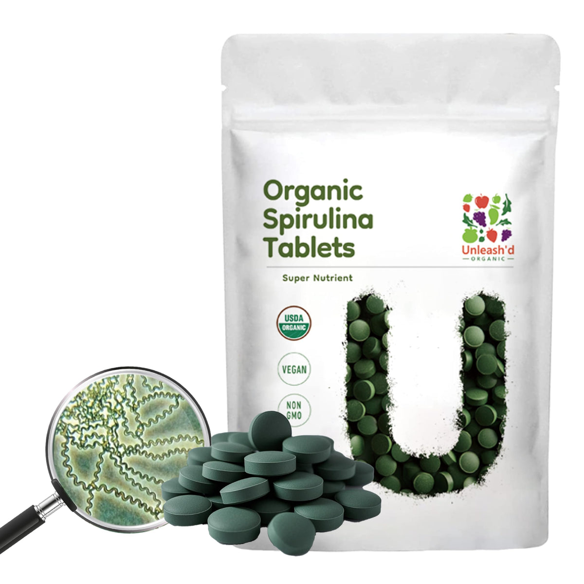 UNLEASH'D ORGANIC Espirulina Tabletas en botella, fuente de proteína vegetal para energía diaria