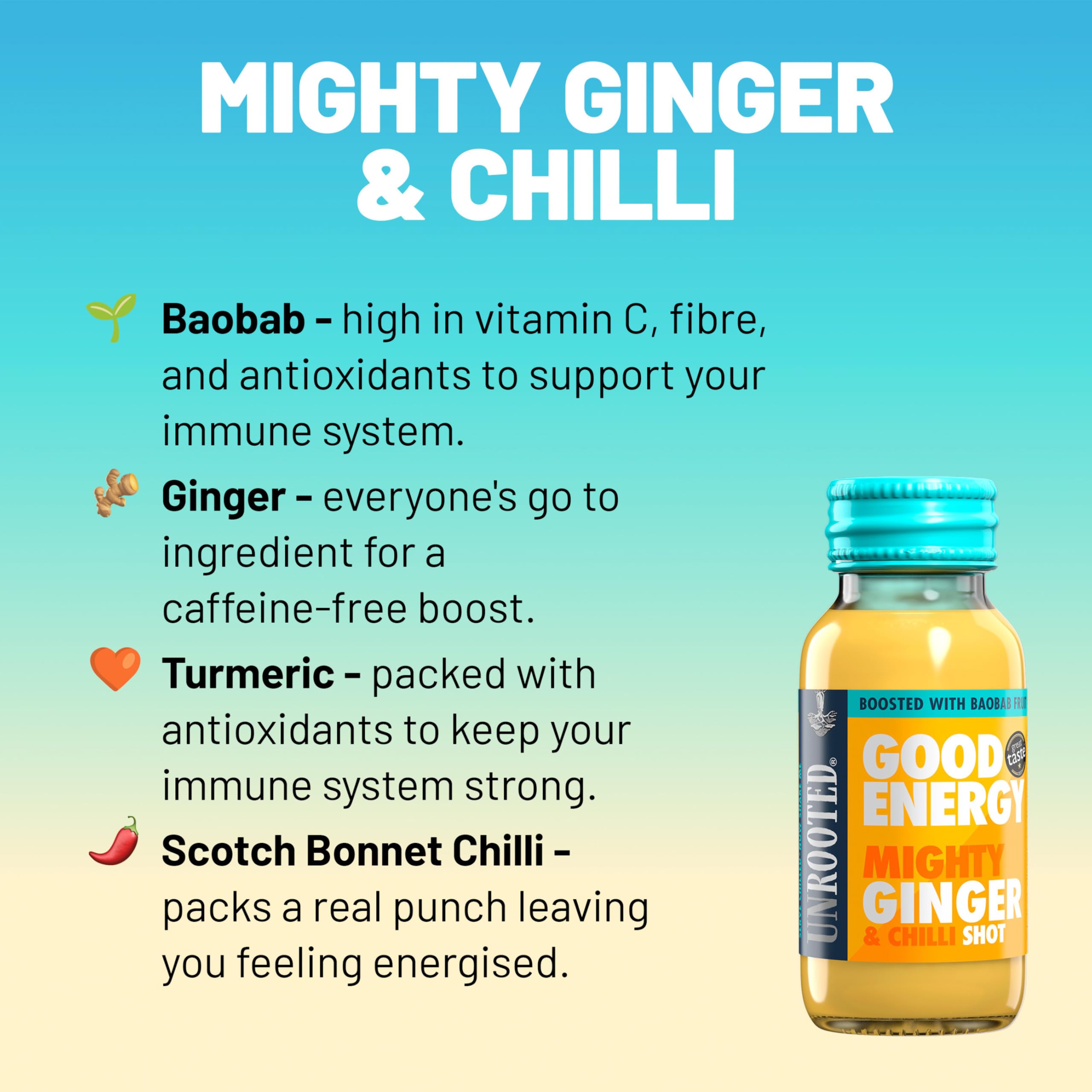 Unrooted Good Energy Shot, botella con chile, sabor picante para mantenerte enfocado.