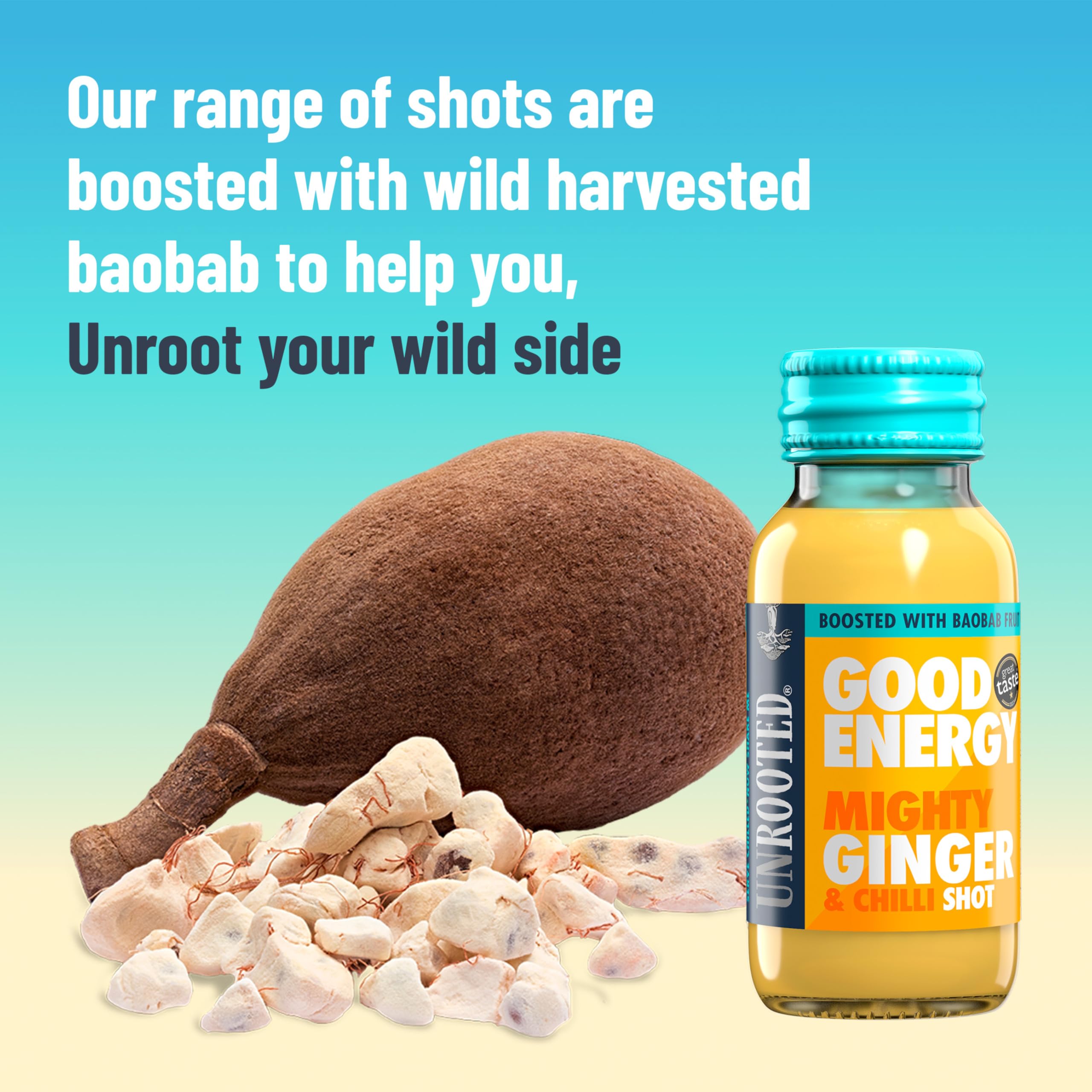 Unrooted Good Energy Shot, polvo de baobab, fibra natural para energía sostenida.