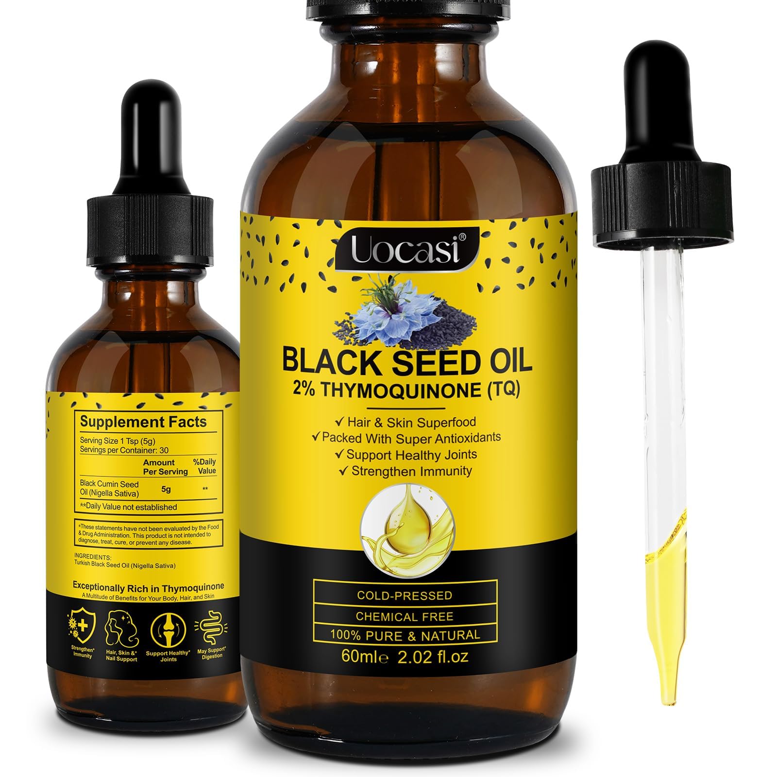 Aceite de Semilla Negra Uocasi prensado en frío, botella de 60 ml para uso diario.