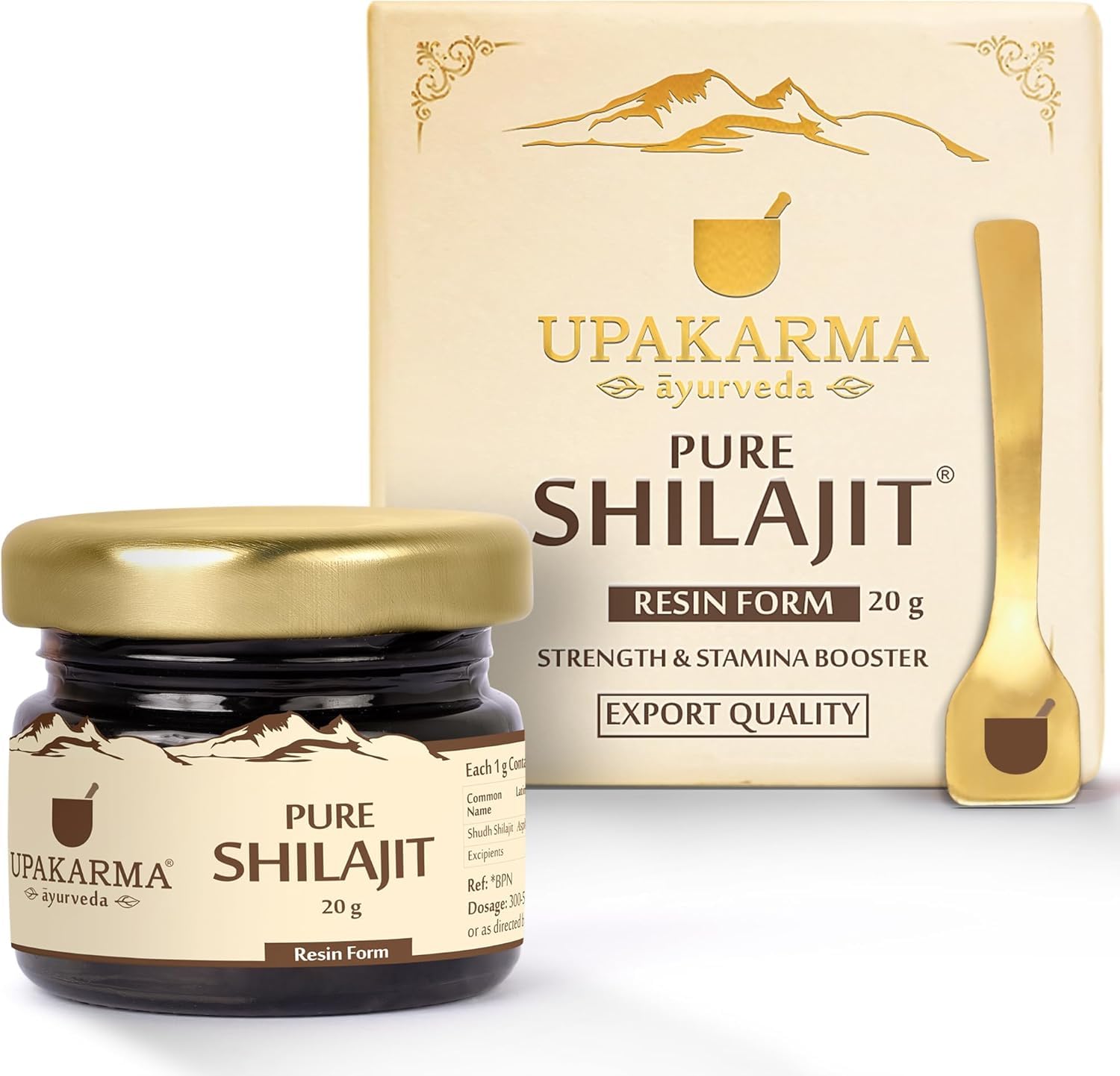 UPAKARMA Shilajit Pura envase visible para energía sostenida