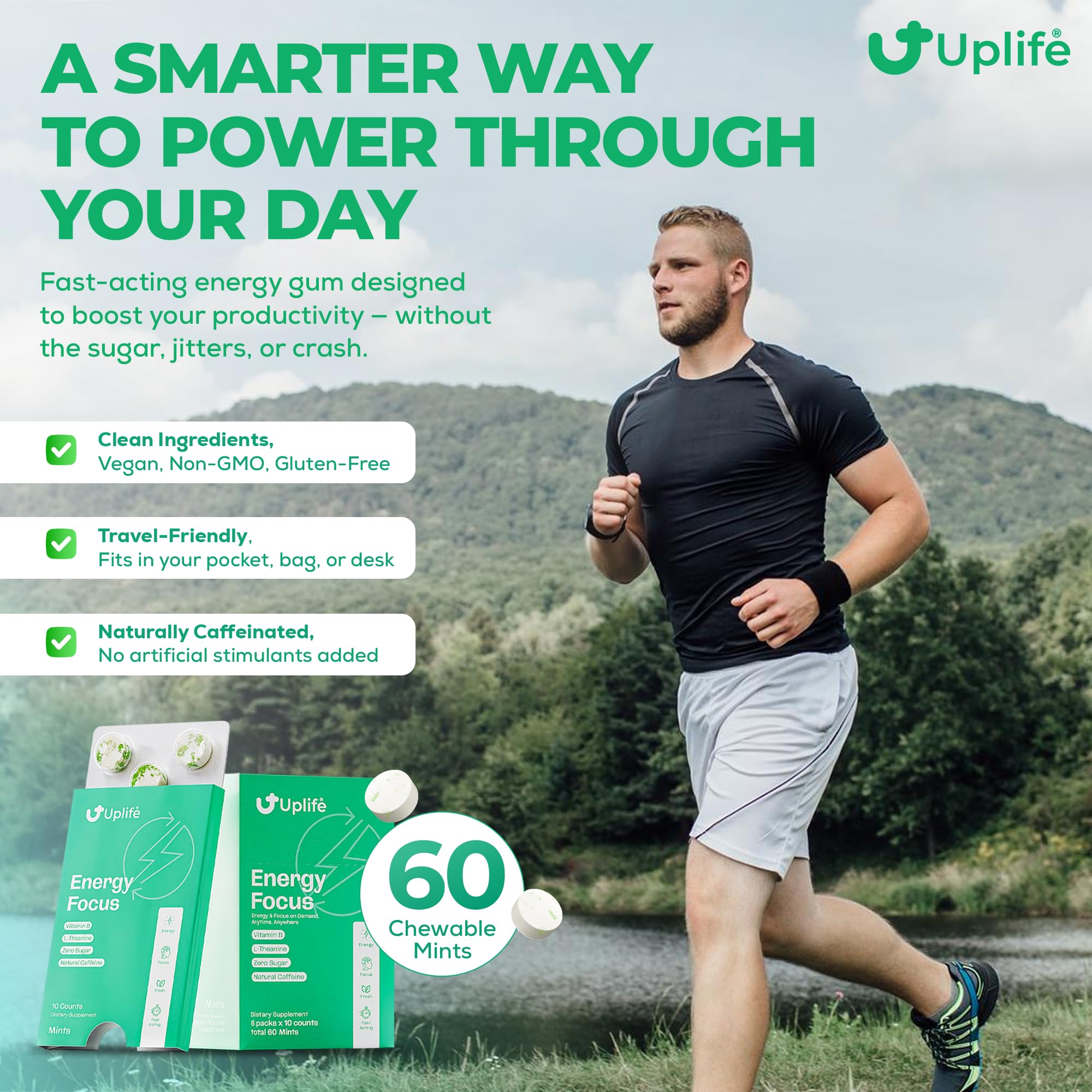 UPLIFE Energía y Enfoque Menta: dispensador cómodo para uso en movimiento