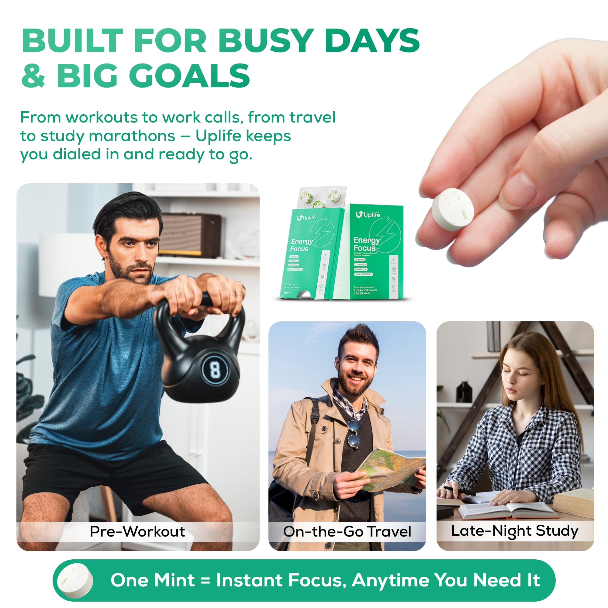UPLIFE Energía y Enfoque Menta: uso diario en estudio o trabajo