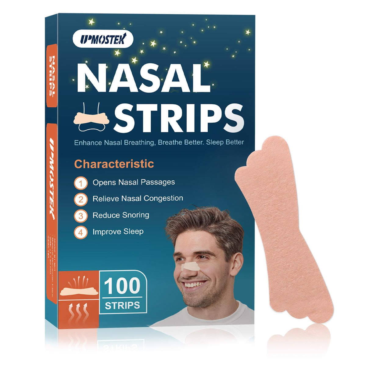 UPMOSTEK tiras nasales en empaque compacto para uso diario y viaje, para una respiración más cómoda.