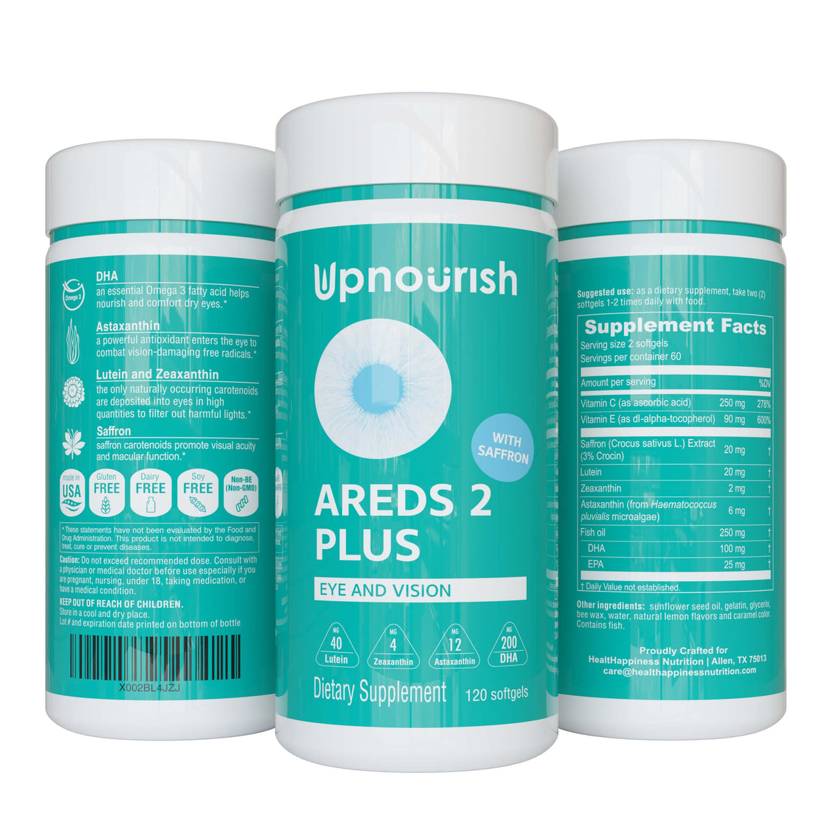 UpNourish AREDS 2 Plus frasco con tapa, acceso rápido a la dosis diaria.