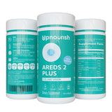 UpNourish AREDS 2 Plus frasco con tapa, acceso rápido a la dosis diaria.