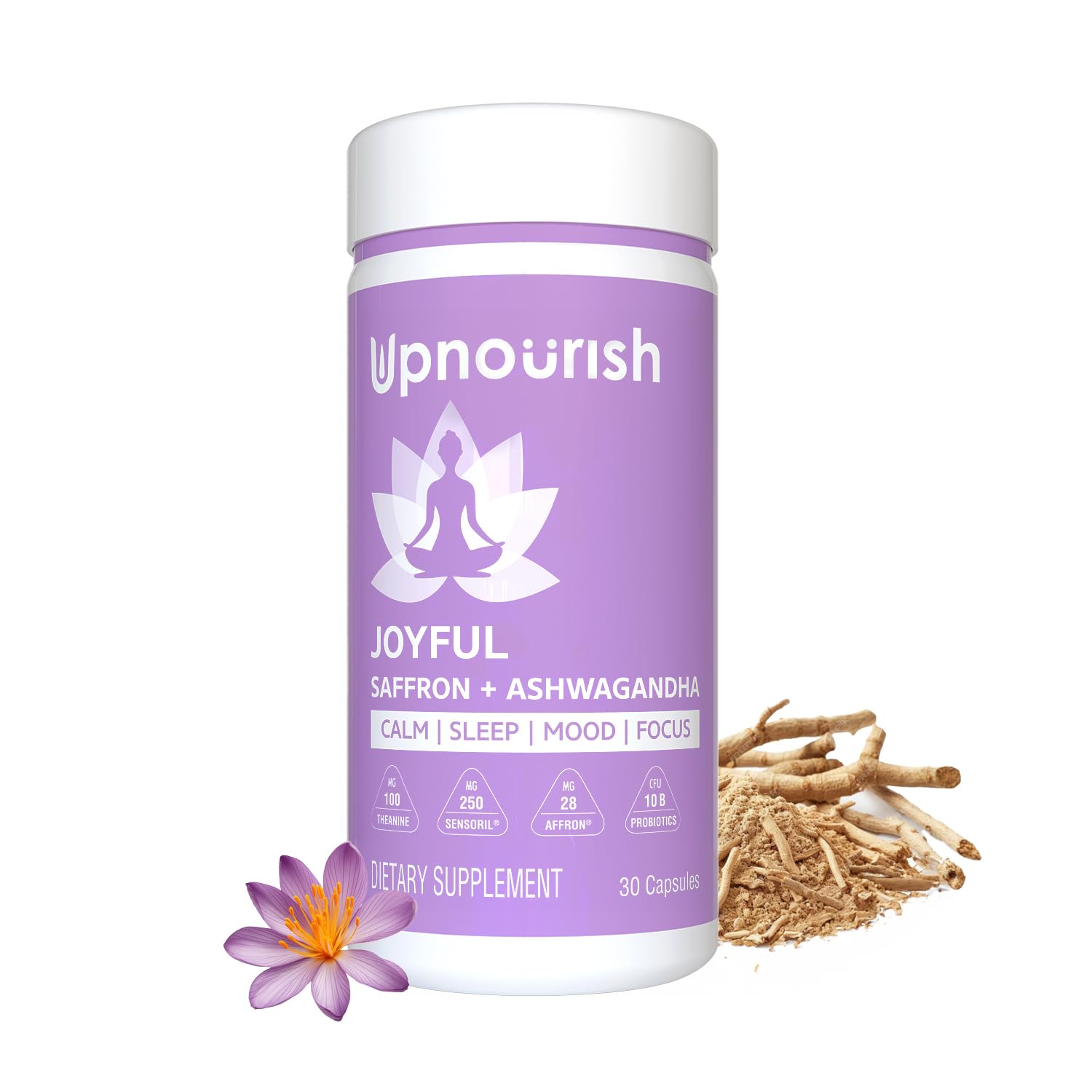 UpNourish Ashwagandha y azafrán en cápsulas para equilibrio emocional.