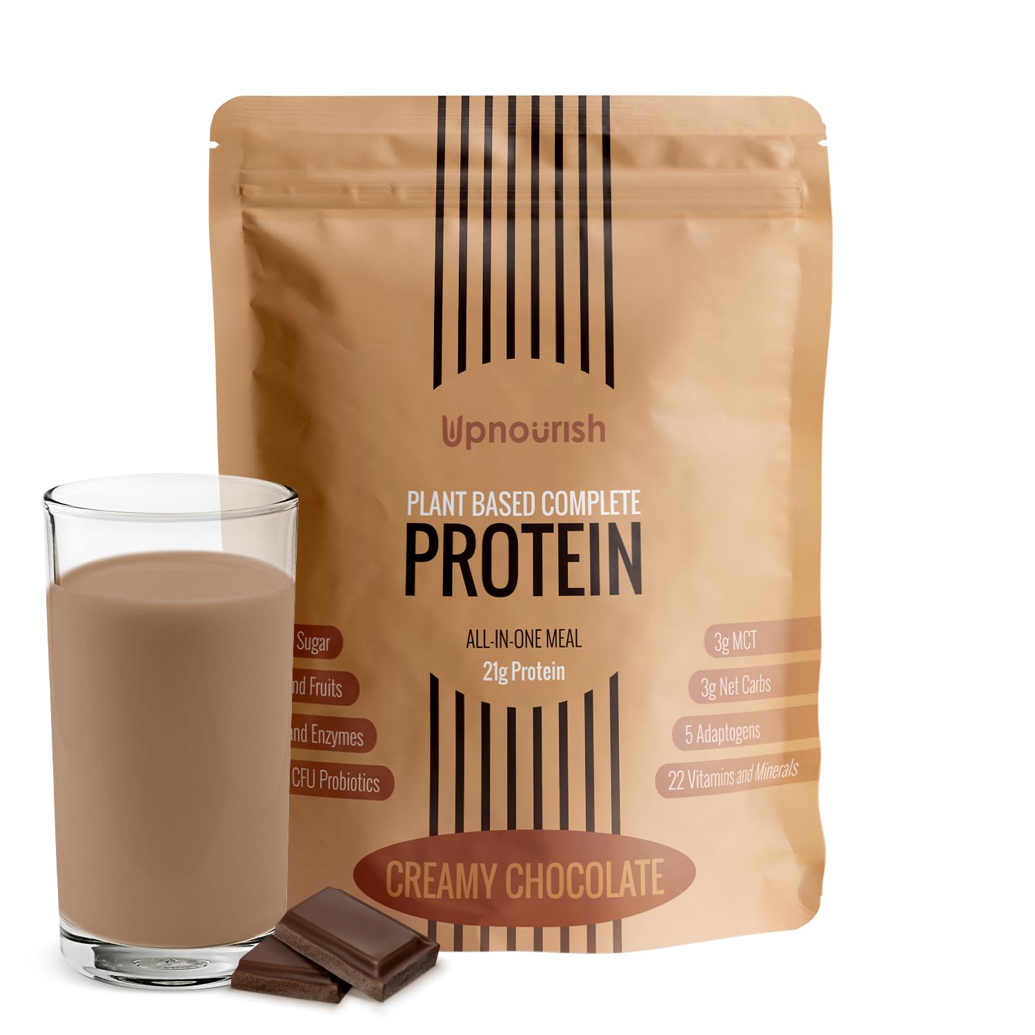 UpNourish proteina vegana de chocolate con cacao, sabor cremoso para desayunos energéticos