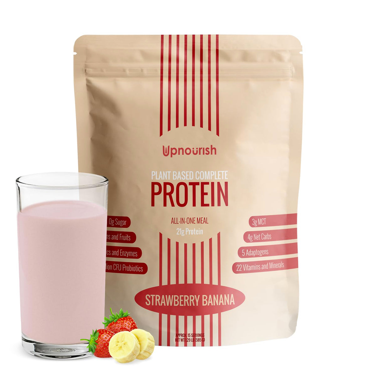 UpNourish envase proteína vegana fresa y banana, práctico para nutrición diaria