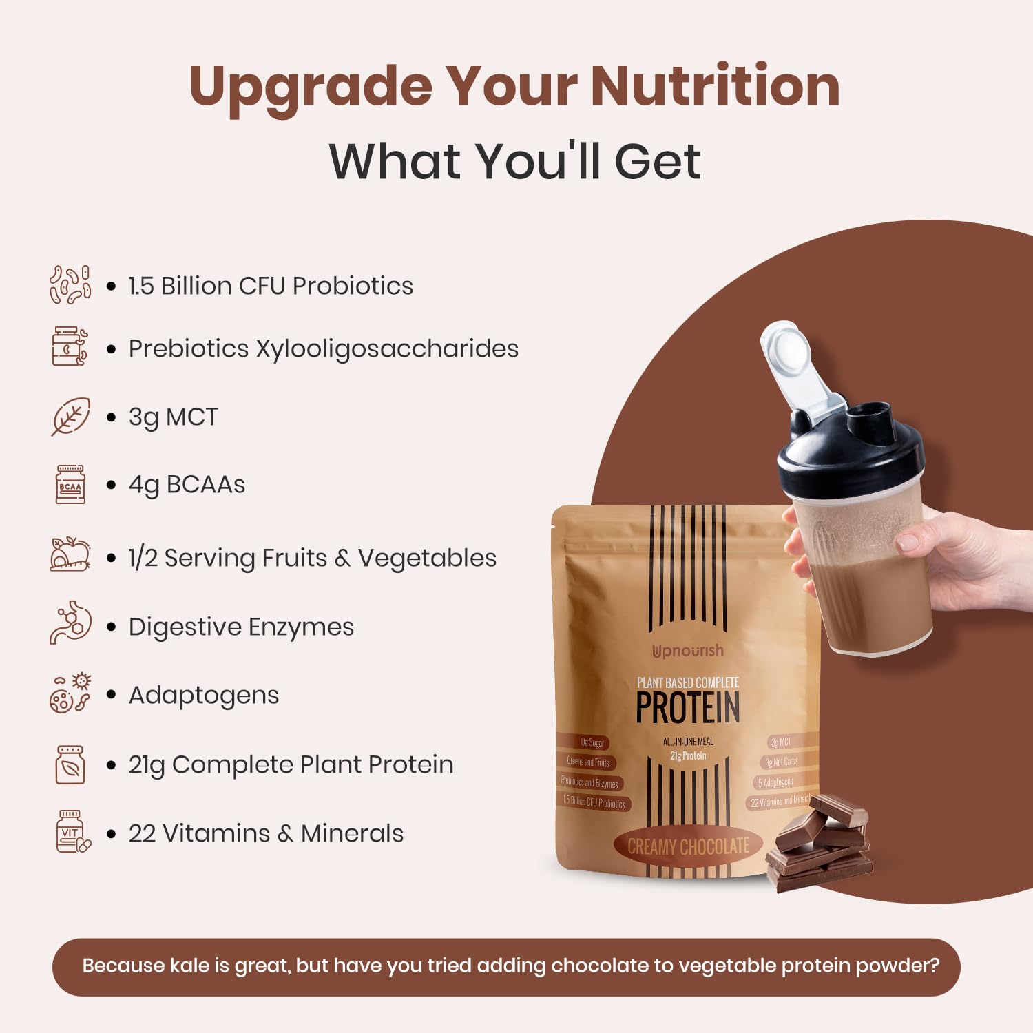UpNourish etiqueta y empaque claros, información sobre ingredientes y opciones sin azúcar