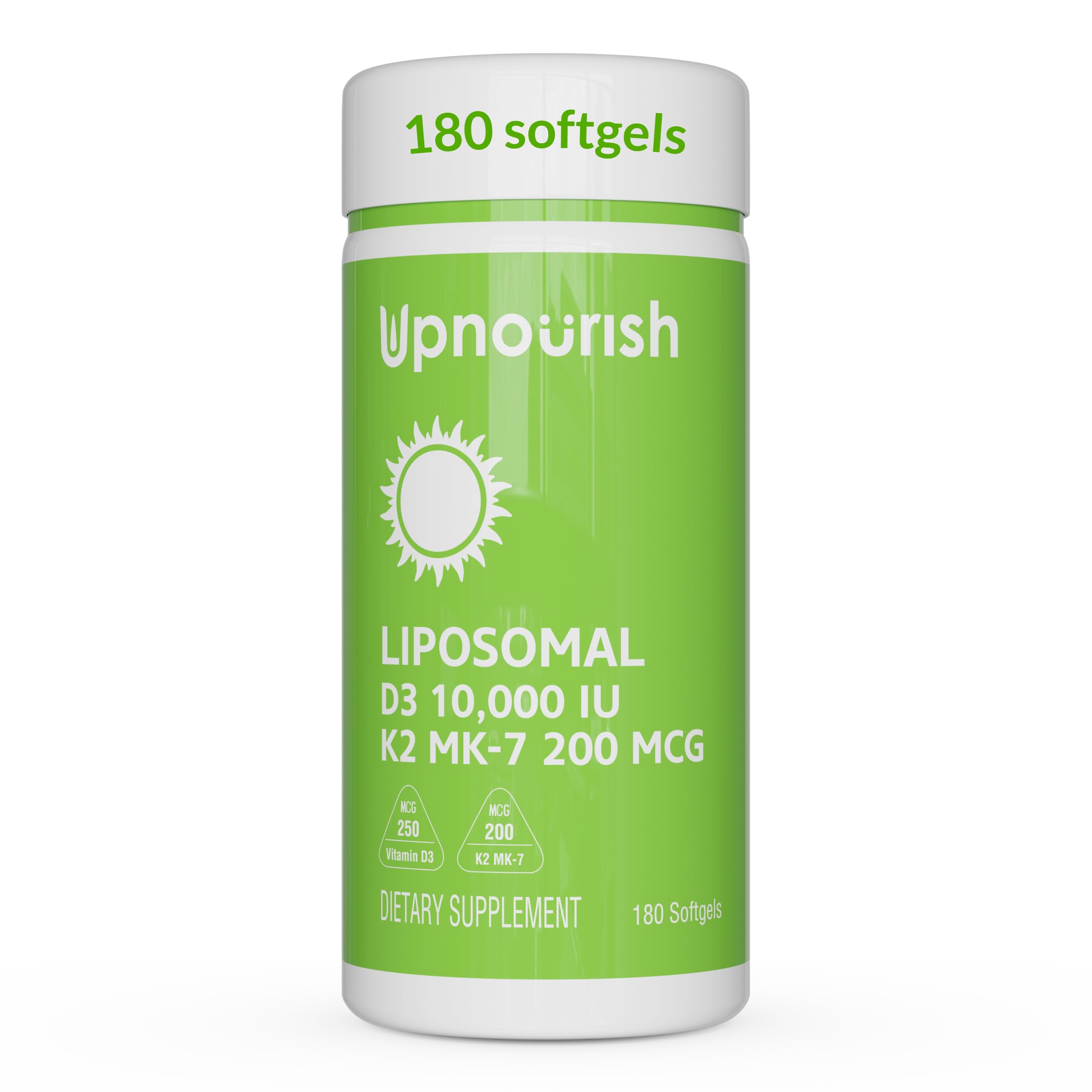 UpNourish Liposomal D3 K2 botella: soporte potencial para la salud ósea y sistema inmune.