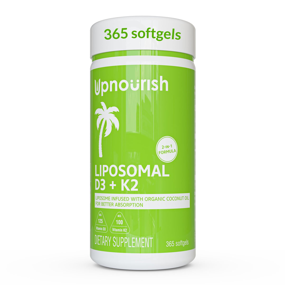 Envase de UpNourish Liposomal D3 K2, para uso diario.
