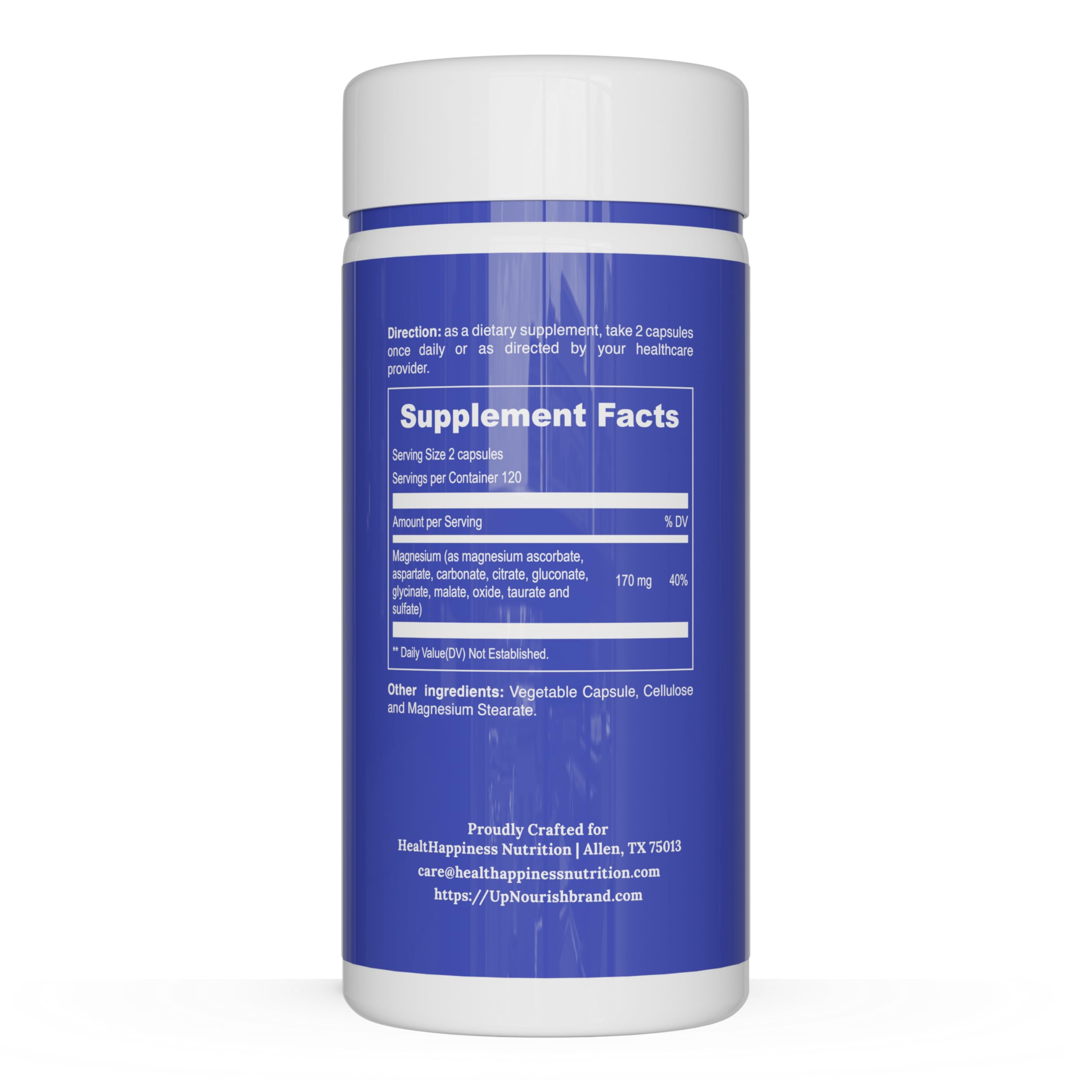 UpNourish Magnesium 10 en 1: detalle de envase y cápsulas para manejo facil