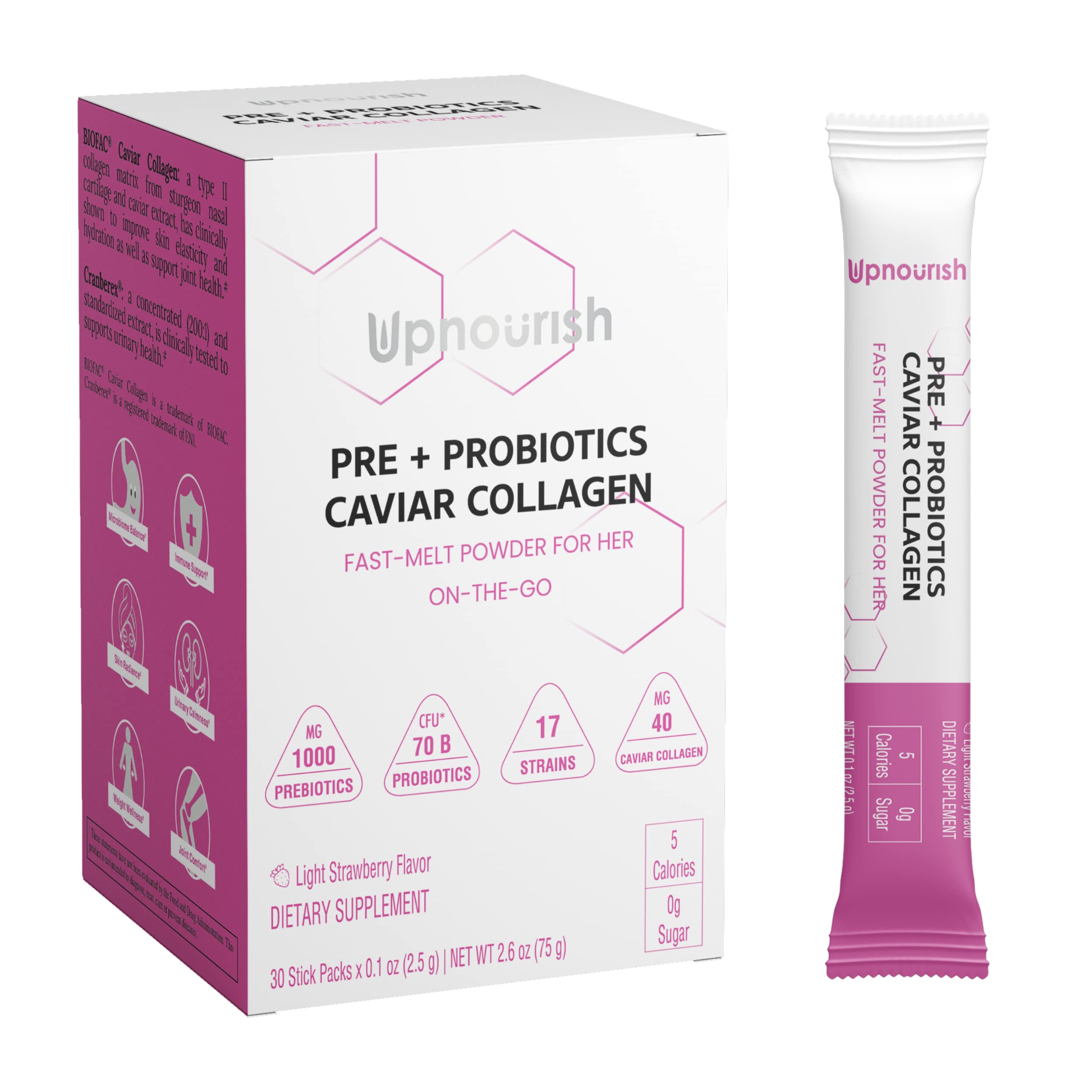UpNourish Probiotics con Caviar Collagen, etiqueta visible, enfoque en salud digestiva y piel radiante.