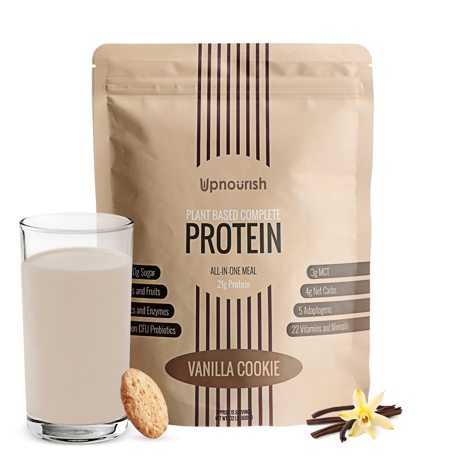 UpNourish proteína vegana vainilla galleta en lata, desayuno energético.