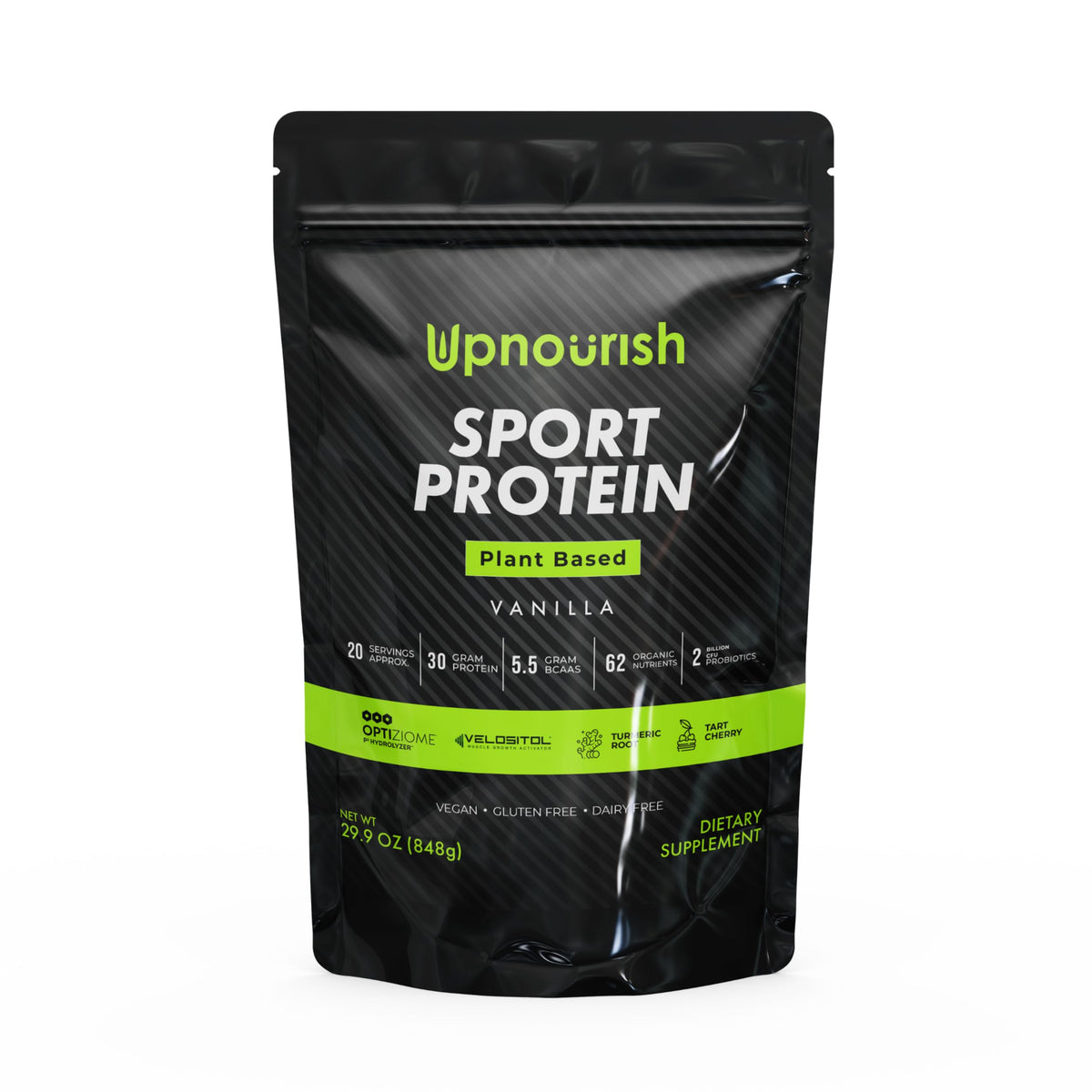UpNourish proteína vegana vainilla, envase práctico para almacenamiento