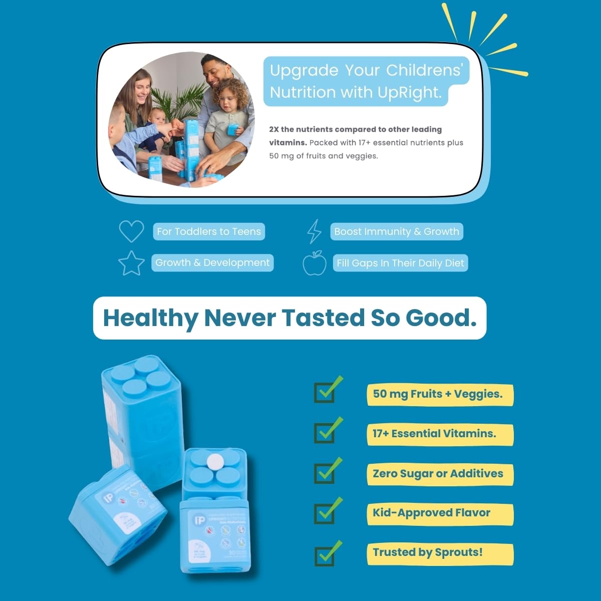 Upright Nutrition sin sabores artificiales, fórmula limpia para niños activos.