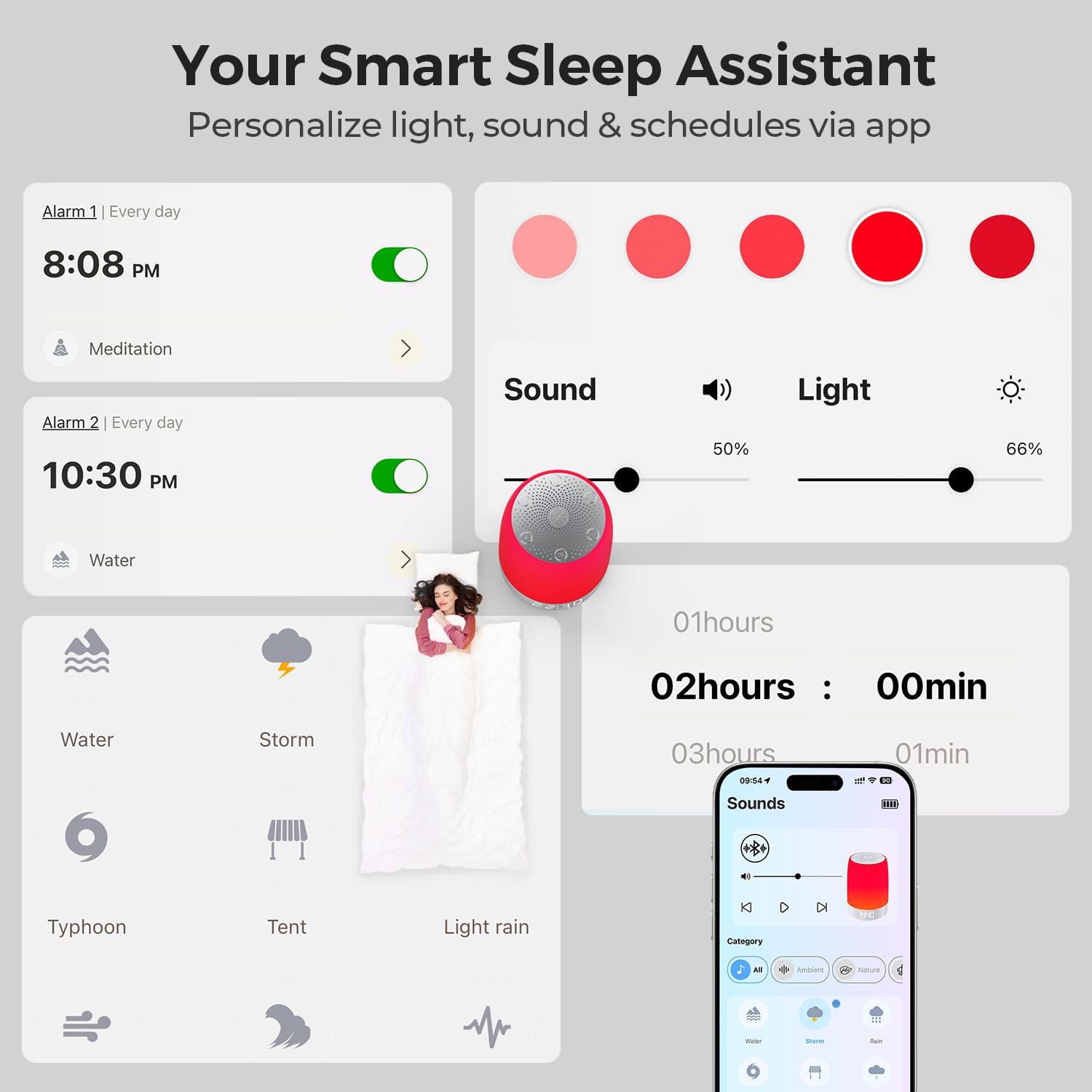 Control táctil superior y aplicación para ajustar luces y sonidos Uptimus.