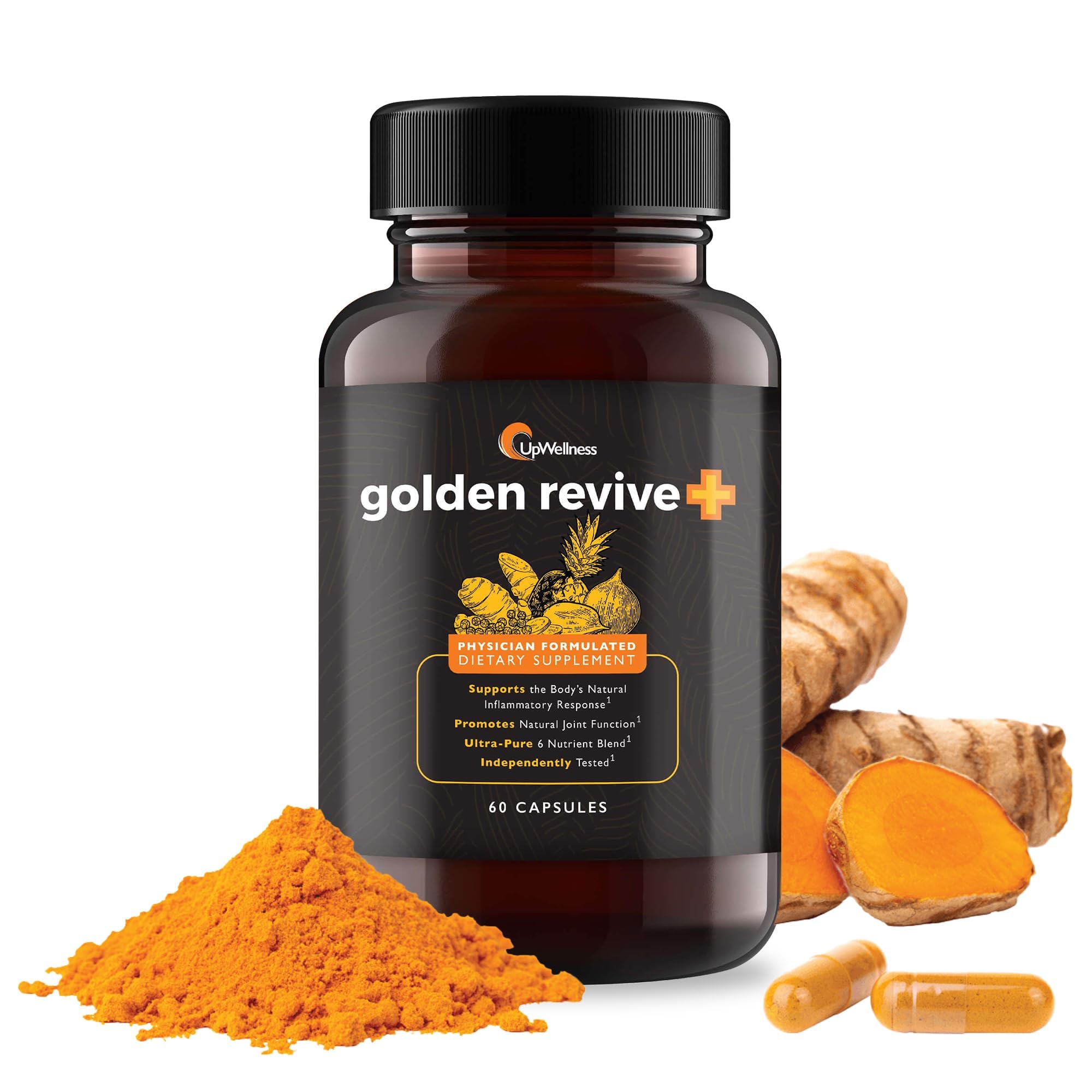 UpWellness Golden Revive: cápsulas en bote para soporte diario de articulaciones.