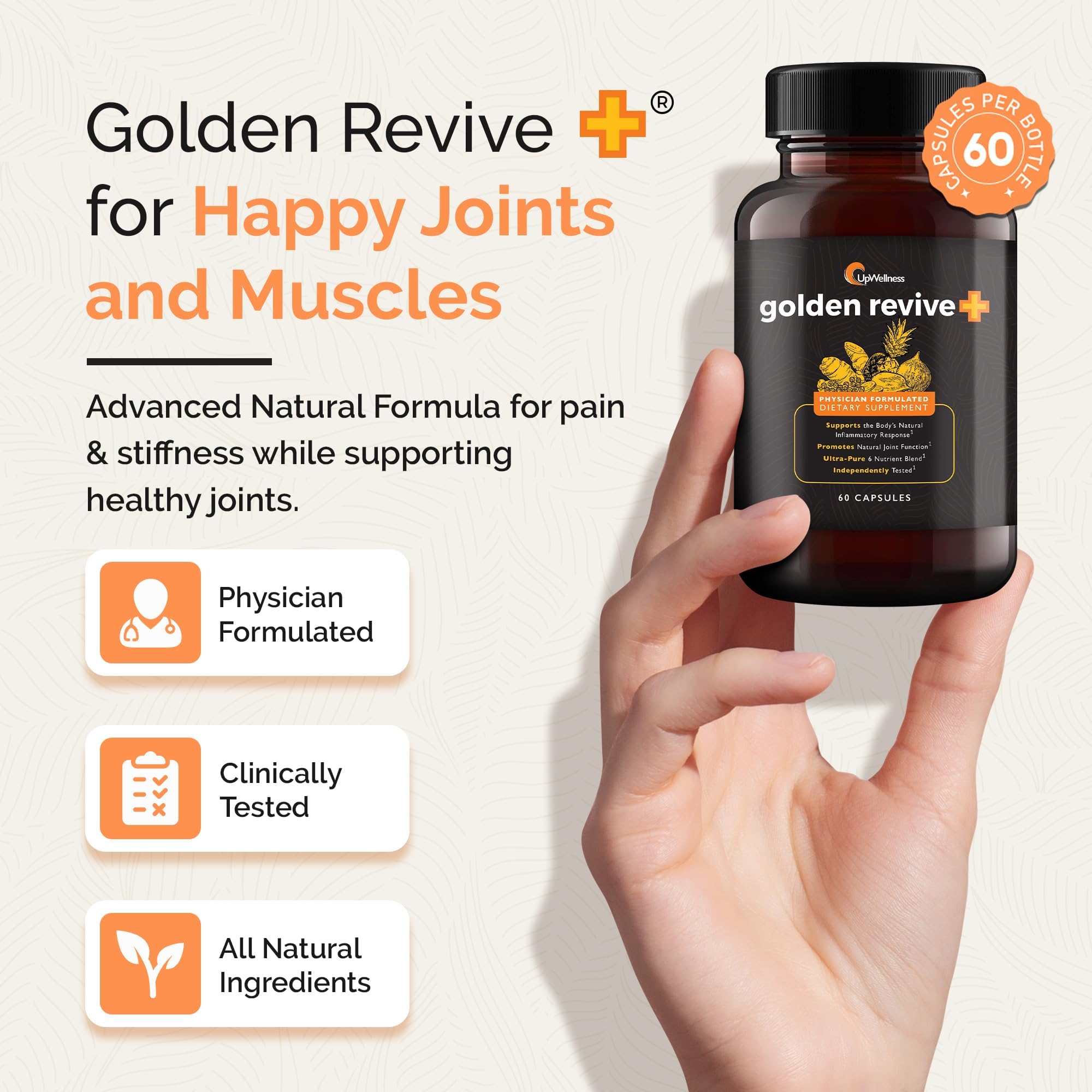 UpWellness Golden Revive: curcuma y pimienta negra para absorción y comodidad articular.