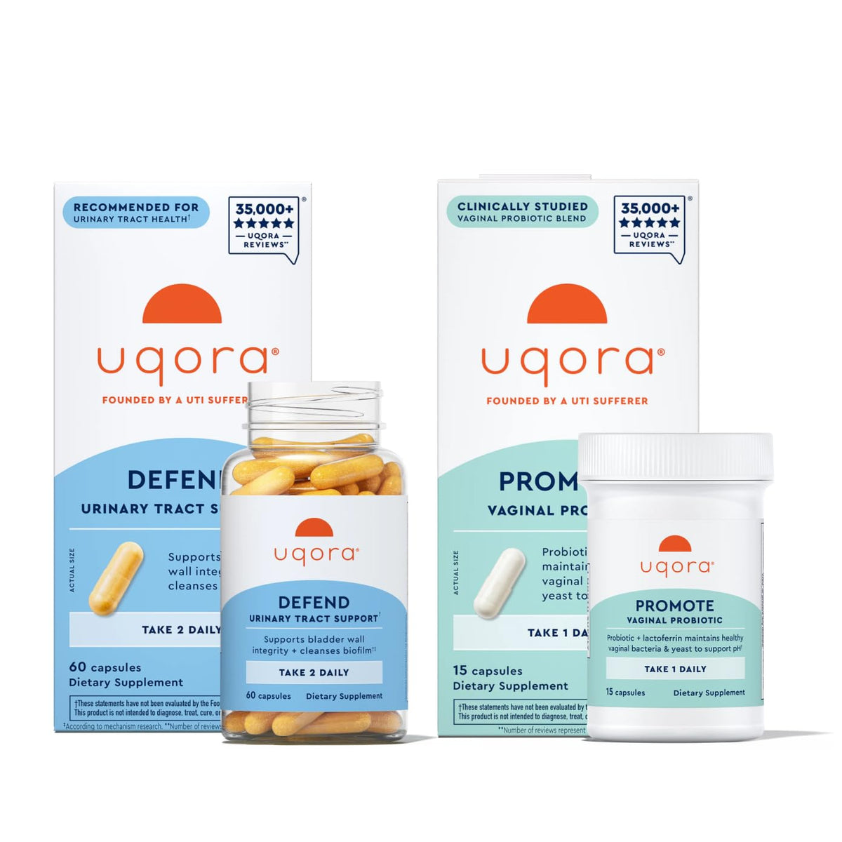 Uqora Defend & Promote bundle en caja, apoyo diario para salud urinaria y vaginal