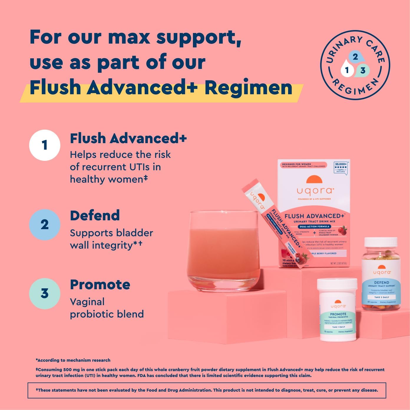 Caja con 10 sobres de Uqora Flush Advanced+ para uso diario.