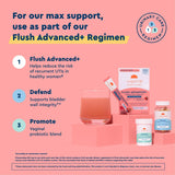 Caja con 10 sobres de Uqora Flush Advanced+ para uso diario.