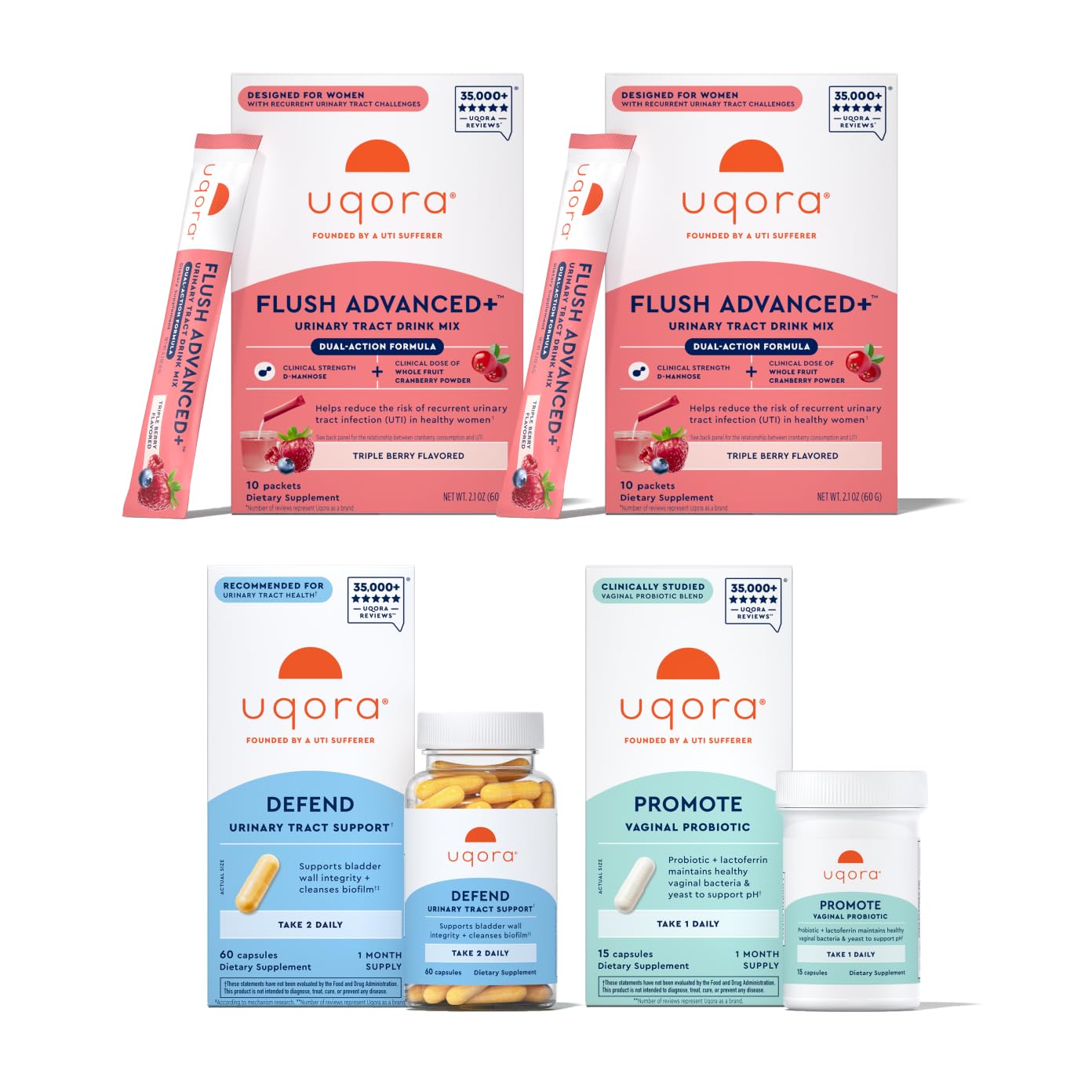 Uqora Flush Advanced+ bebida mezclar, preparada para apoyar la salud urinaria diaria.