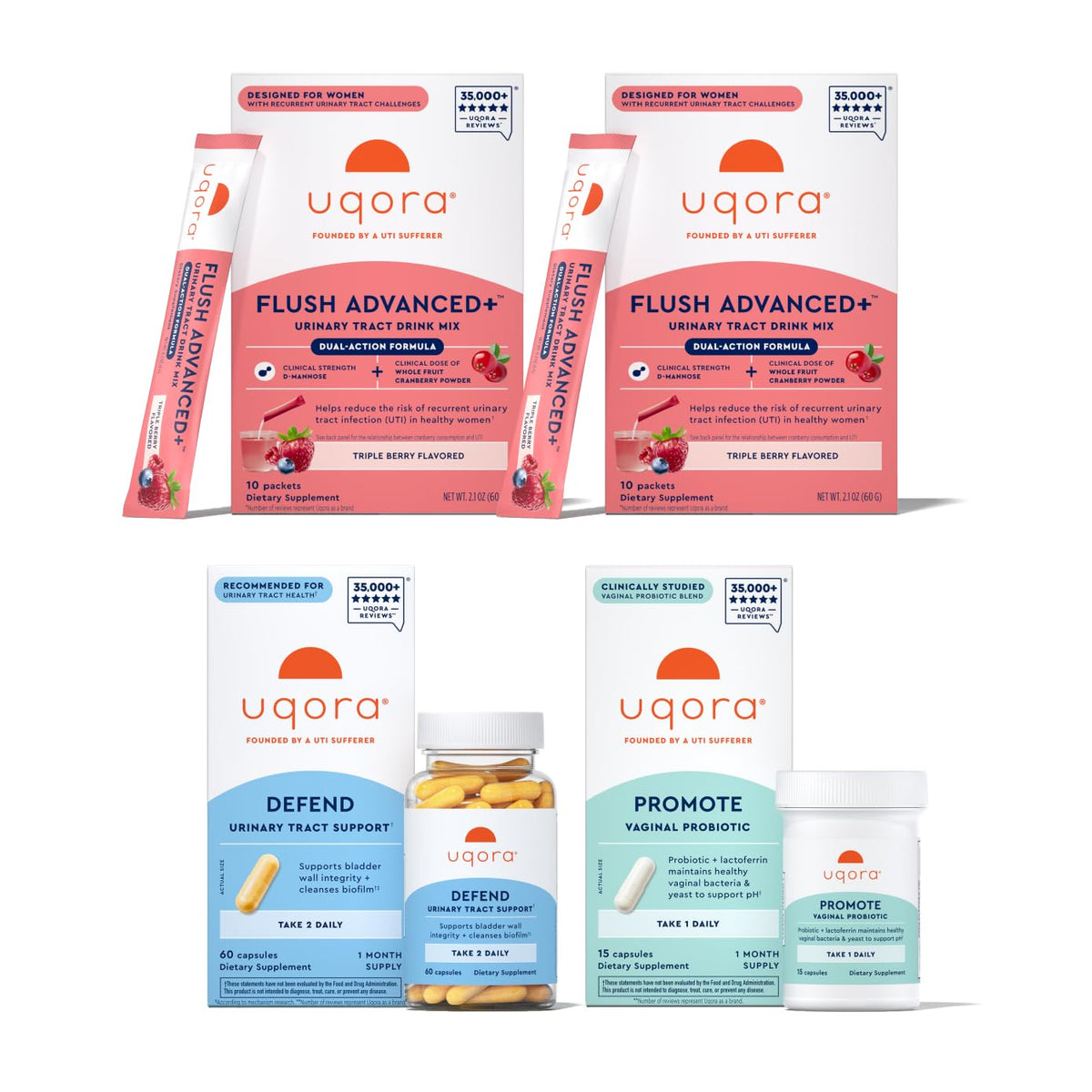 Uqora Flush Advanced+ bebida mezclar, preparada para apoyar la salud urinaria diaria.