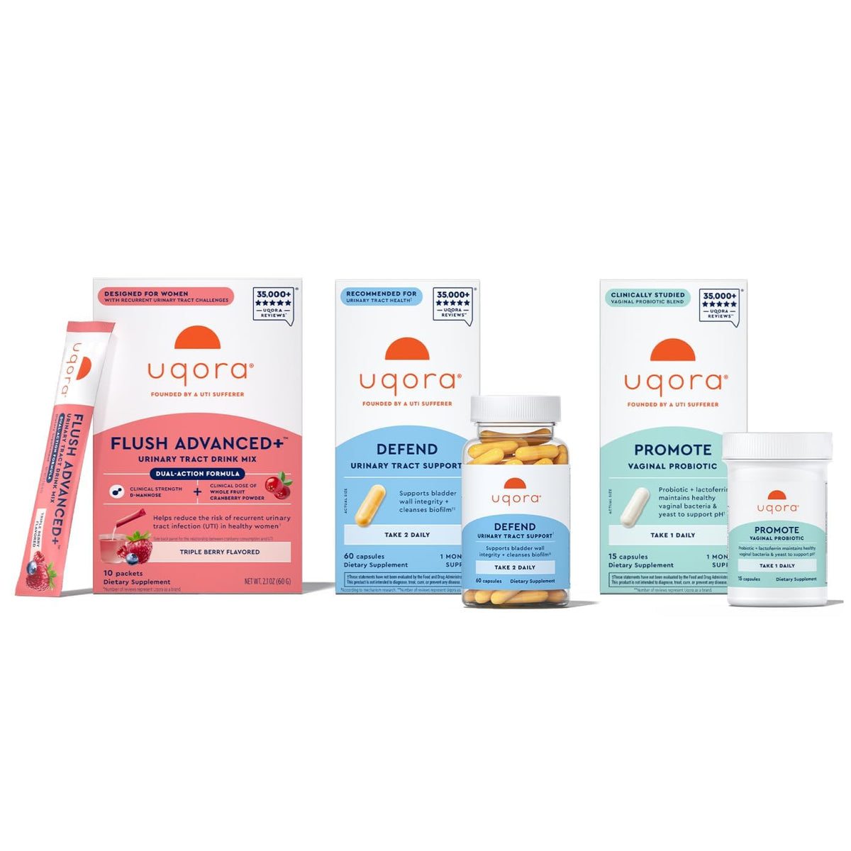 Bebida Uqora Flush Advanced+ de arándano en vaso para apoyar la salud urinaria.