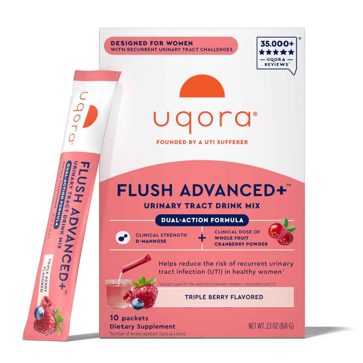 Empaque de Uqora Flush Advanced+ listo para apoyar la salud urinaria diaria.