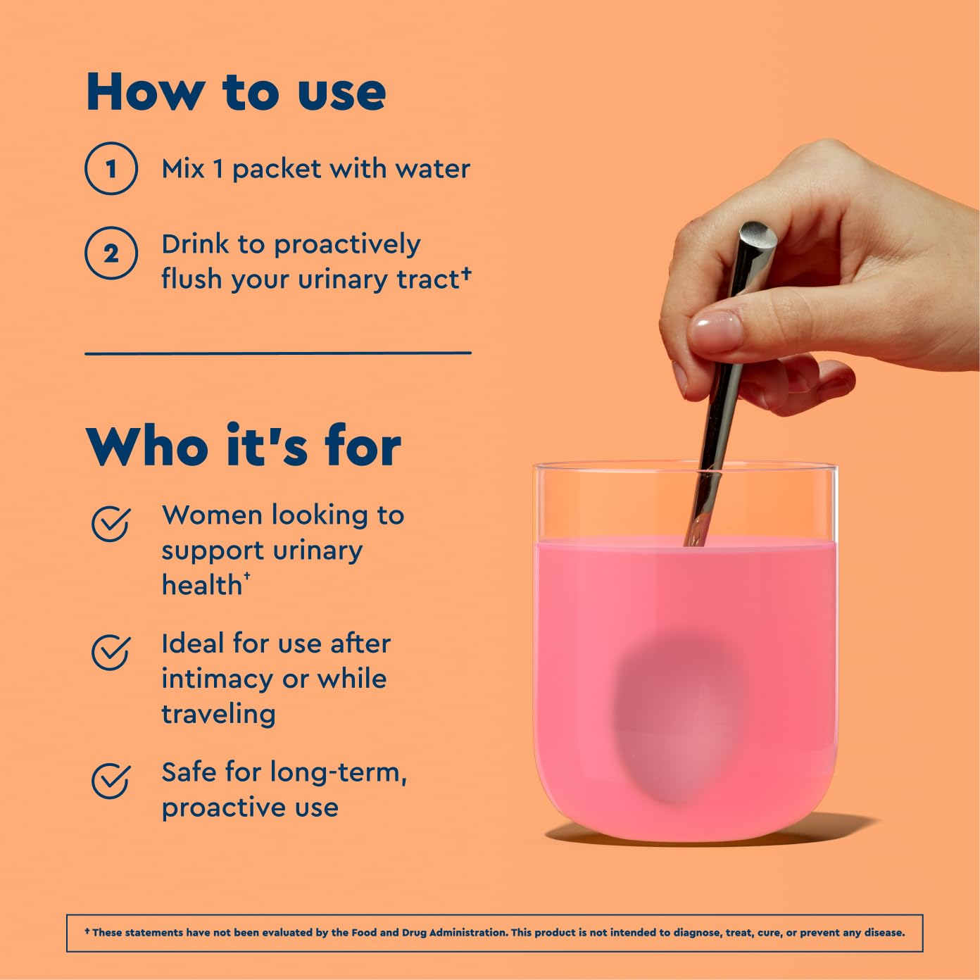 Instrucciones de uso de Uqora Flush: disolver en agua y beber con facilidad.