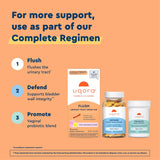 Uqora Flush contiene D‑mannosa y minerales clave para la nutrición urinaria diaria.