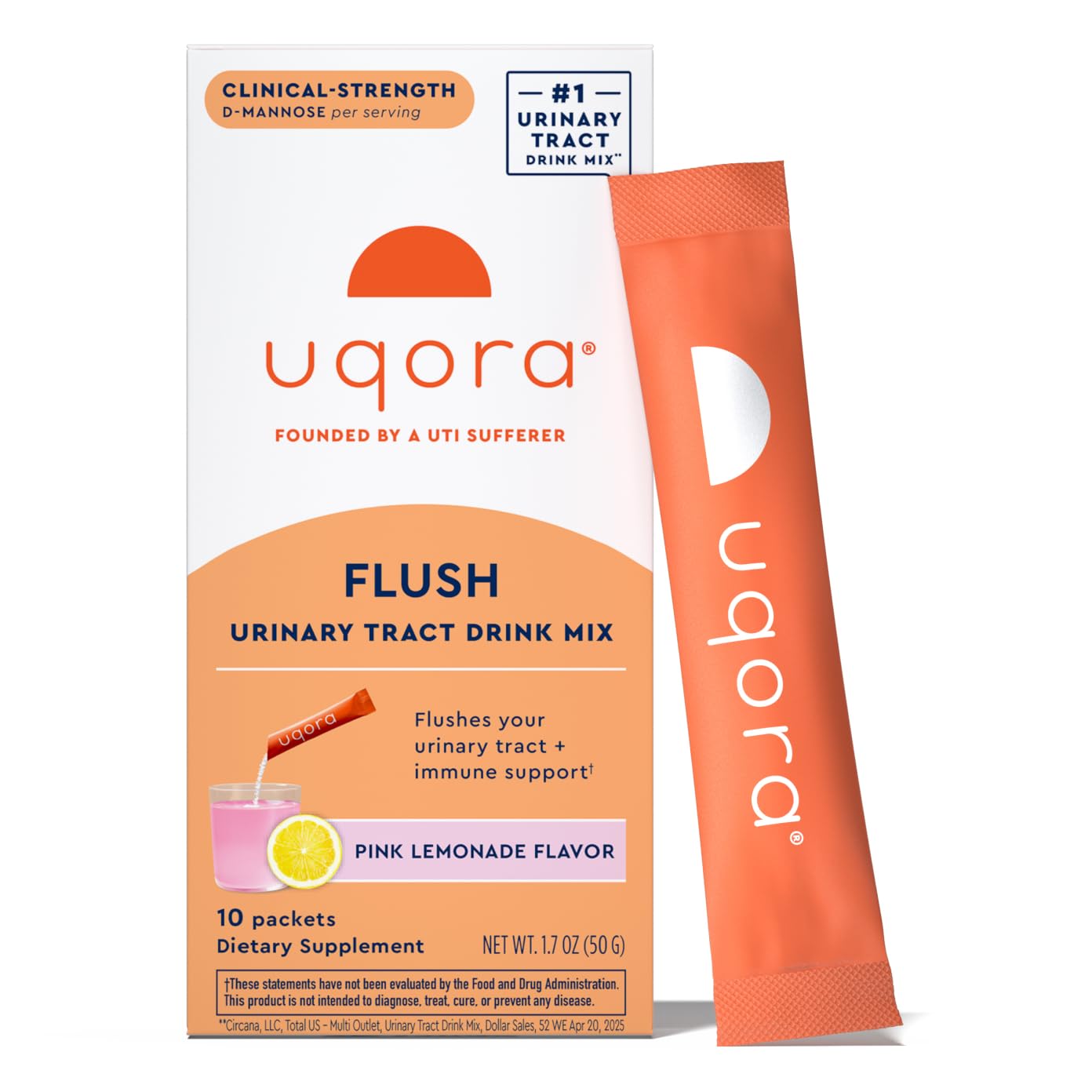 Uqora Flush frente al empaque, facilita el uso diario para apoyar la salud urinaria.