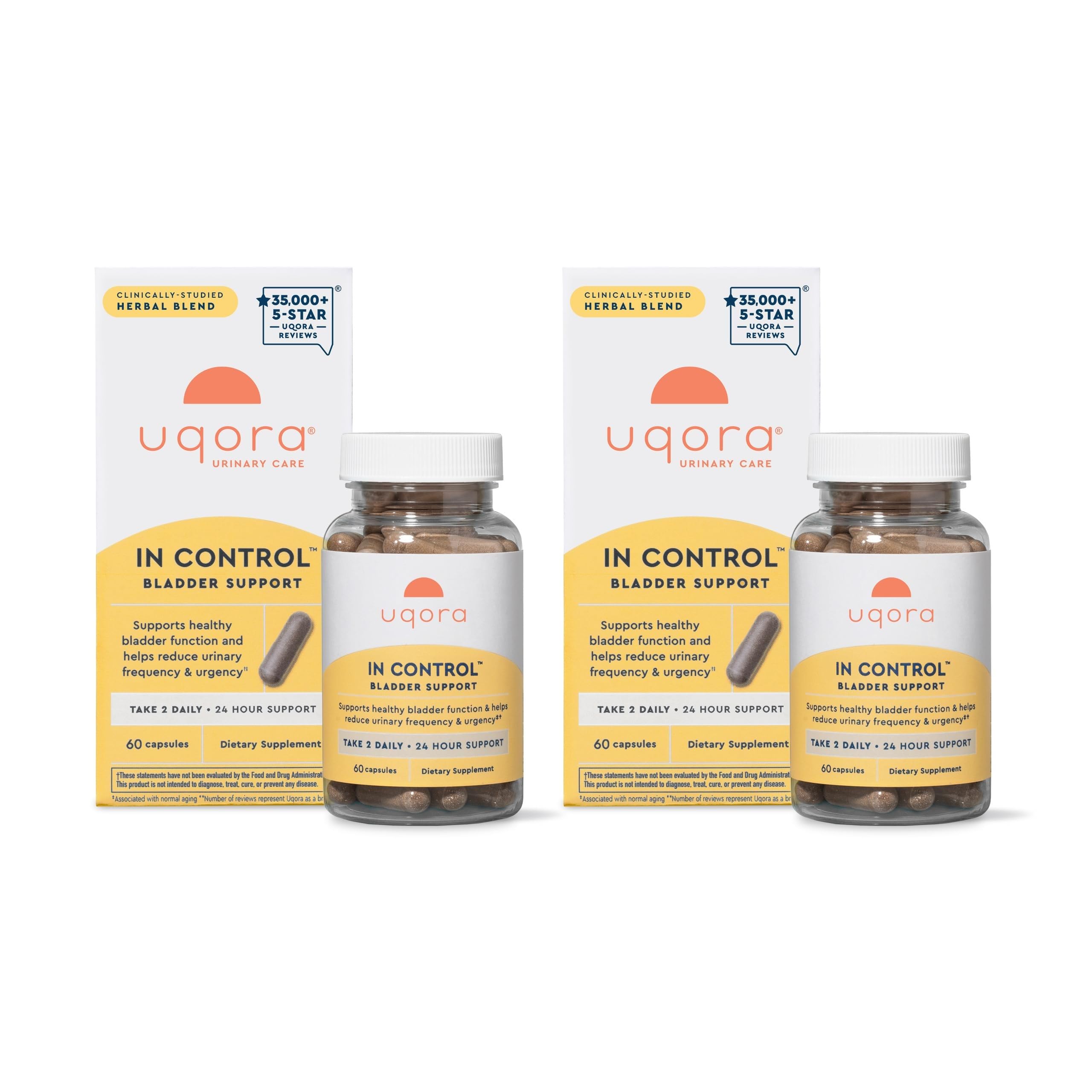 Uqora In Control bladder-support bottle front for daily urinary comfort.