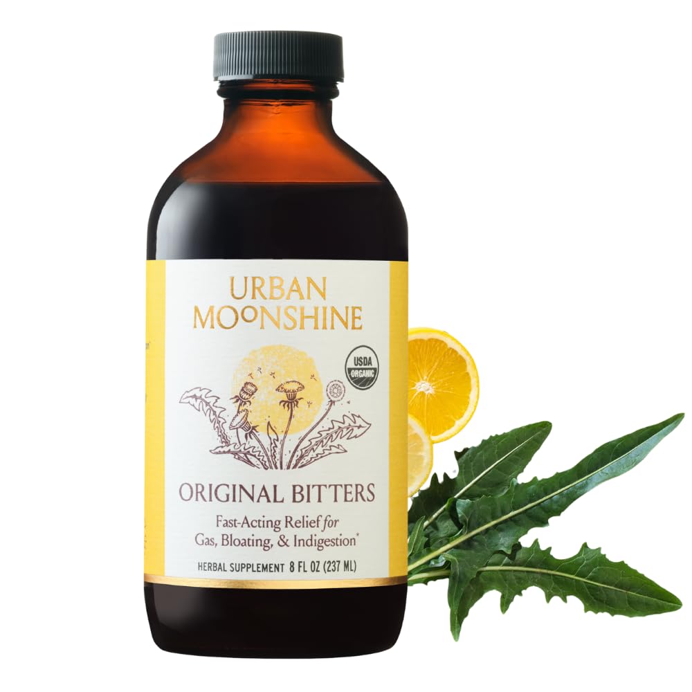 Urban Moonshine Bitters, botella ámbar para uso diario y apoyo digestivo.