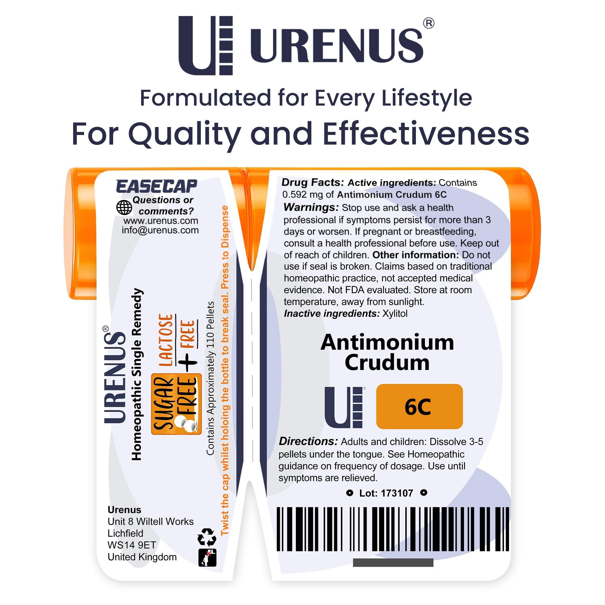 Urenus Antimonium Crudum 6C: perlas sin azúcar, opción sin lactosa.