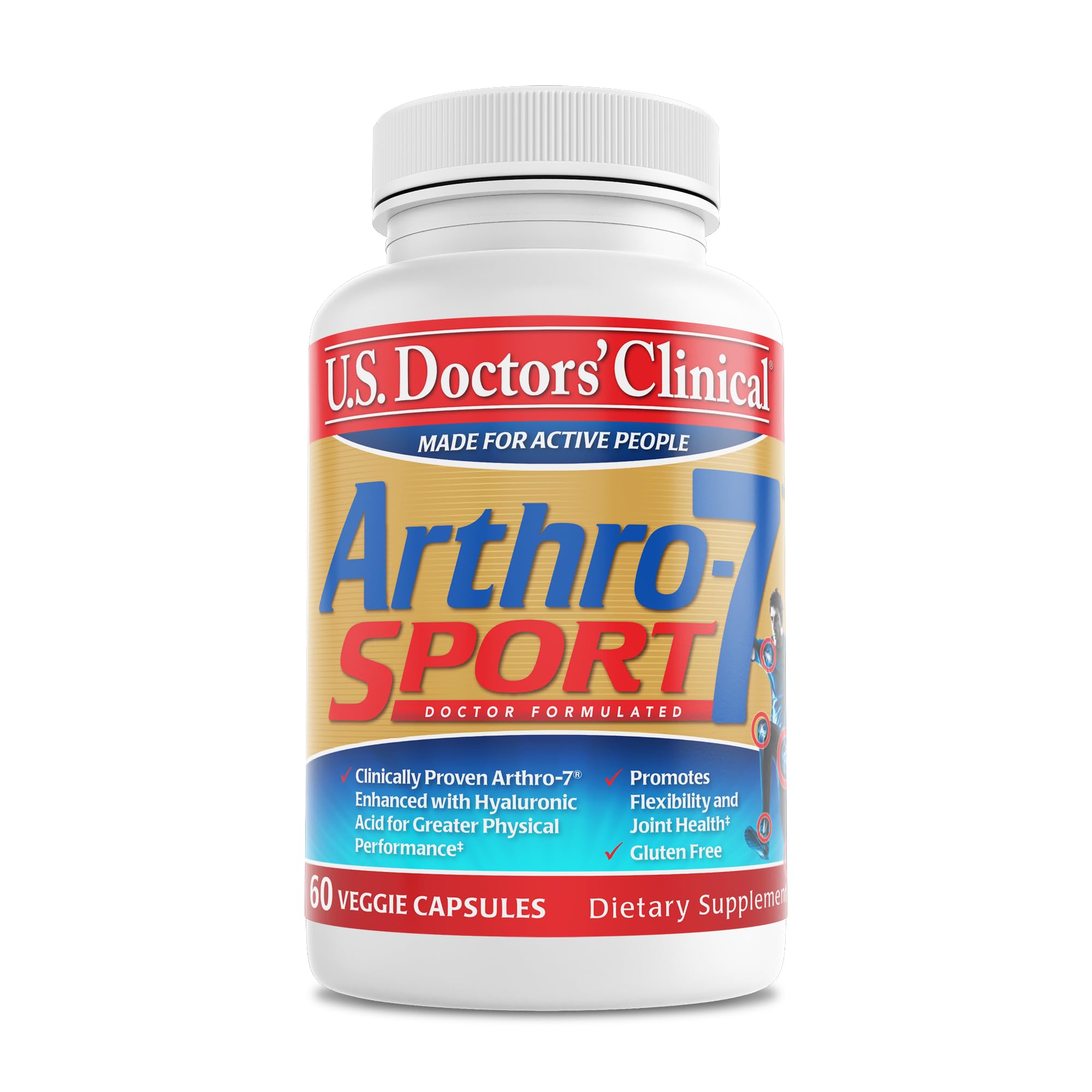 Arthro-7 Sport de US Doctors’ Clinical, botella frontal, posible apoyo a la flexibilidad diaria.